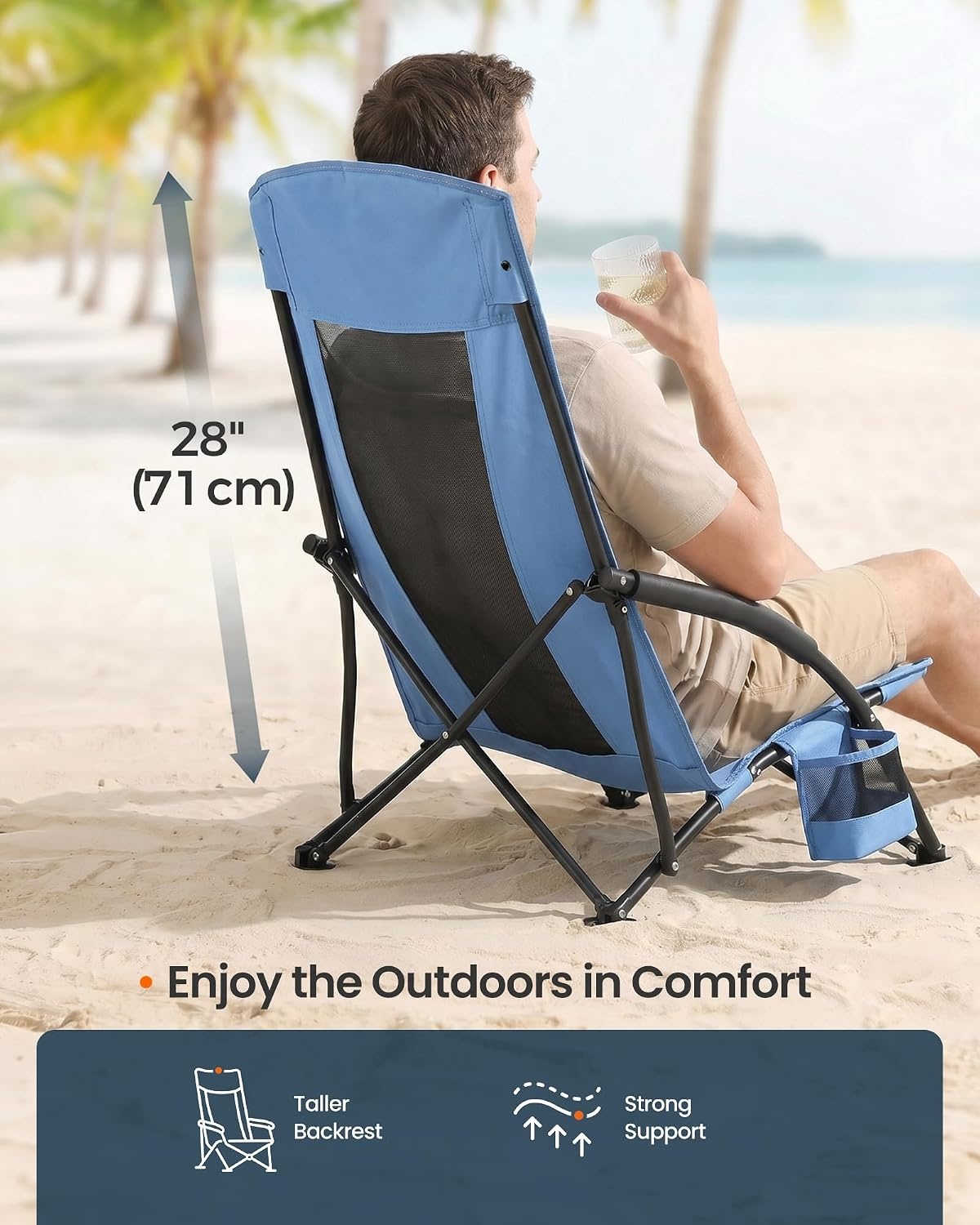 image:imageSONGMICS HOME Portable Beach Chair Folding Camping Chair with High Backrest and Cup Holder Lightweight Outdoor Picnic Seating HeavyDuty Support up to 330 lb Set of 2 BlackLight Blue