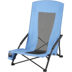 SONGMICS HOME Portable Beach Chair, Folding Camping Chair with High Backrest and Cup Holder, Lightweight Outdoor Picnic Seating, Heavy-Duty Support up to 330 lb, Set of 2, Black(Light Blue)