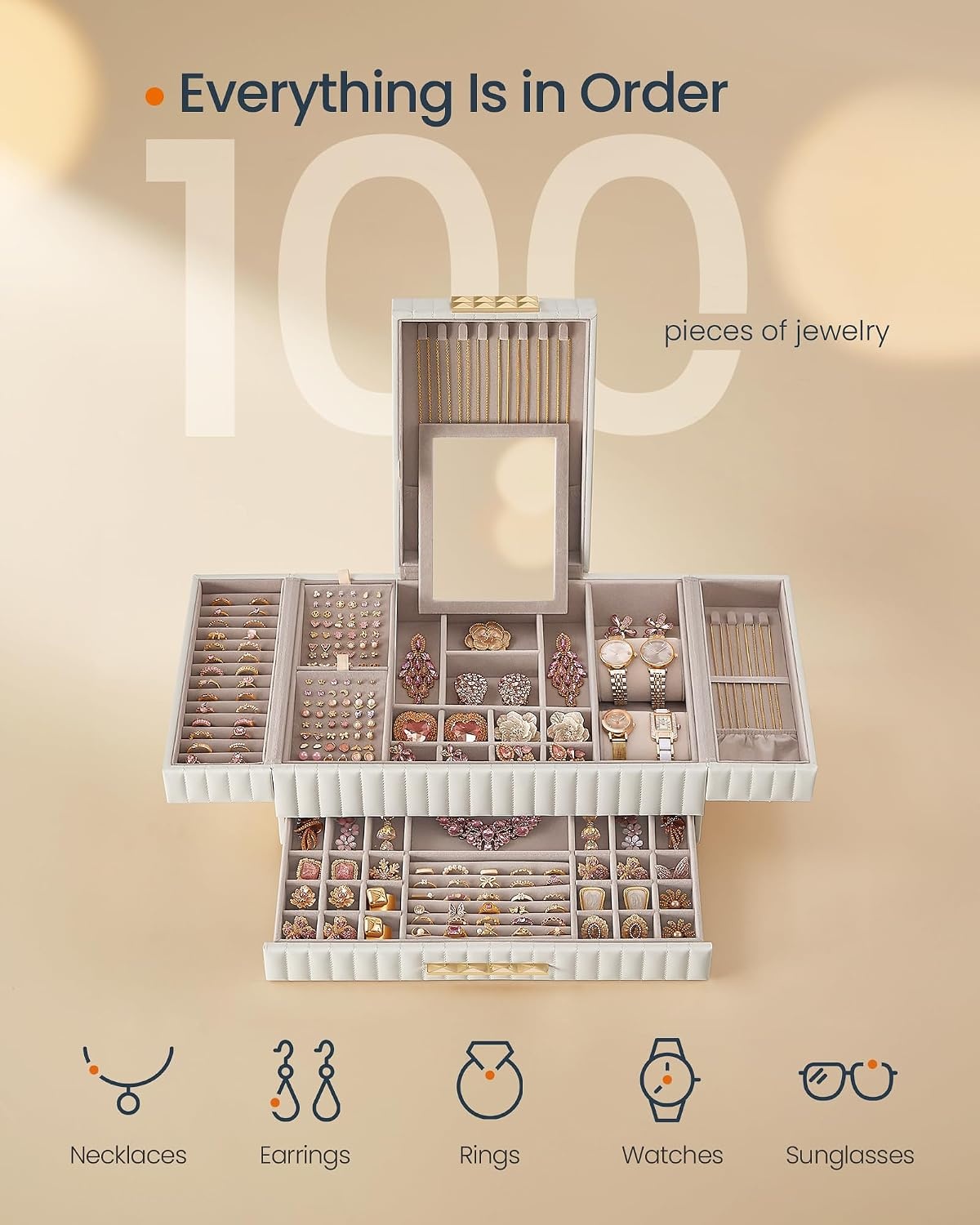 image:imageSONGMICS HOME Jewelry Box 5Tier Large Organizer PU Leather WhiteCloud White