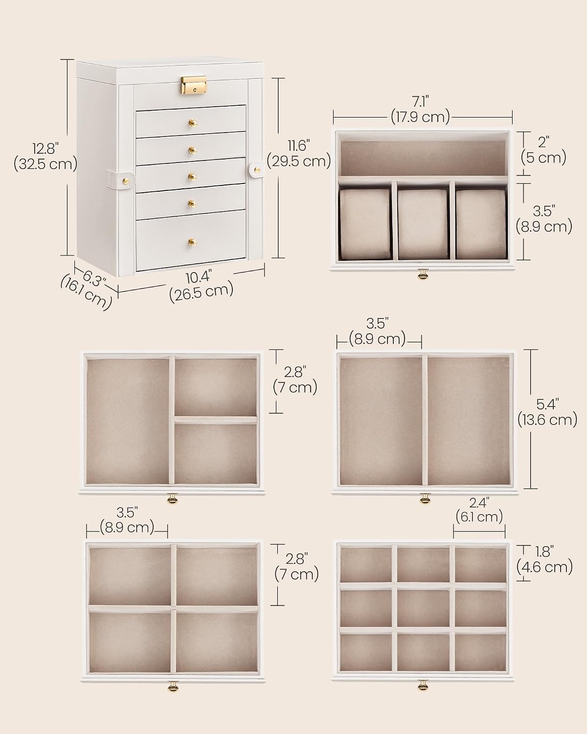 image:imageSONGMICS HOME Jewelry Box 5Tier Large Organizer PU Leather WhiteCream White