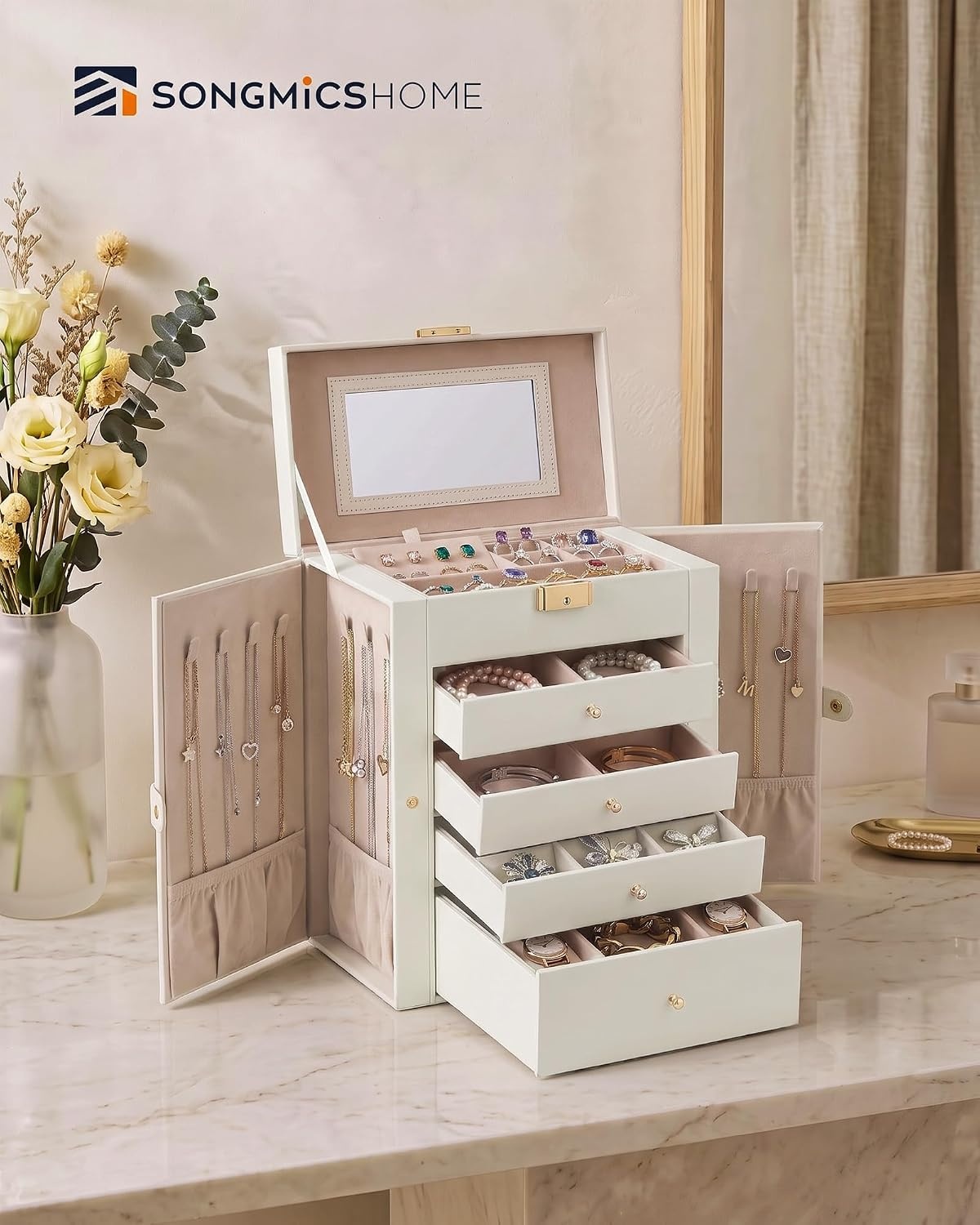 image:imageSONGMICS HOME Jewelry Box 5Tier Large Organizer PU Leather WhiteCream White