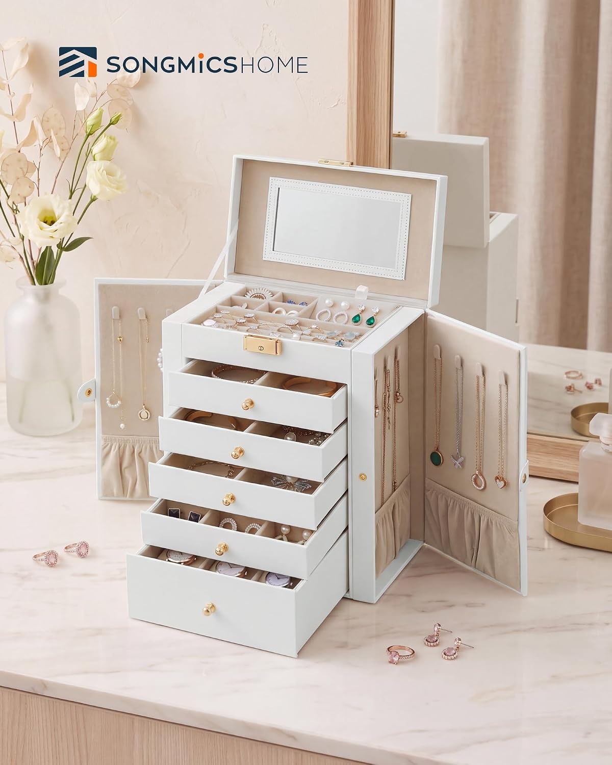 image:imageSONGMICS HOME Jewelry Box 5Tier Large Organizer PU Leather WhiteCream White