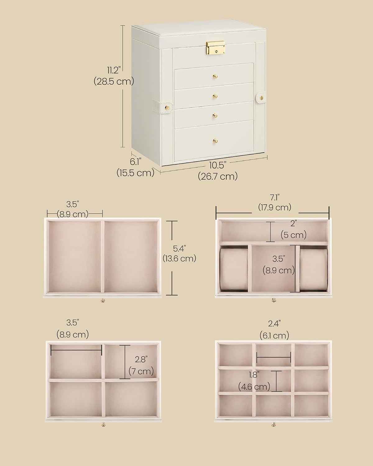 image:imageSONGMICS HOME Jewelry Box 5Tier Large Organizer PU Leather WhiteCream White
