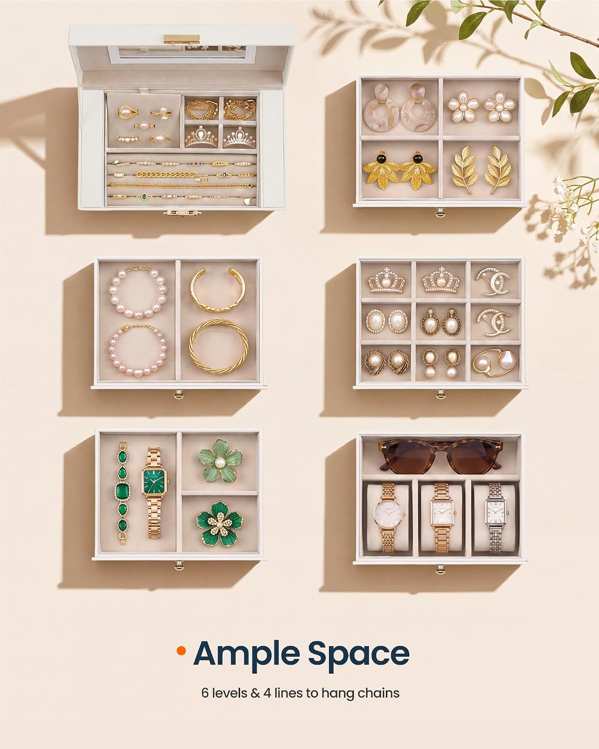 image:imageSONGMICS HOME Jewelry Box 5Tier Large Organizer PU Leather WhiteCream White