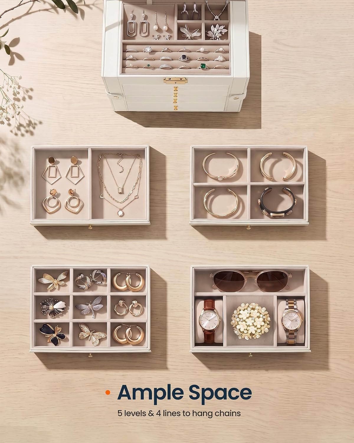 image:imageSONGMICS HOME Jewelry Box 5Tier Large Organizer PU Leather WhiteCream White