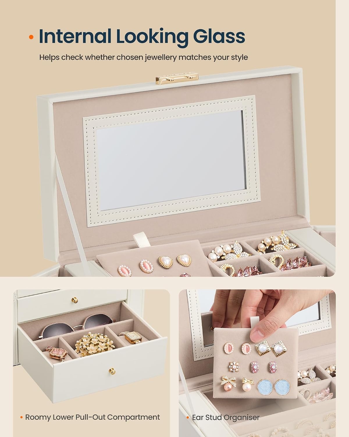image:imageSONGMICS HOME Jewelry Box 5Tier Large Organizer PU Leather WhiteCream White