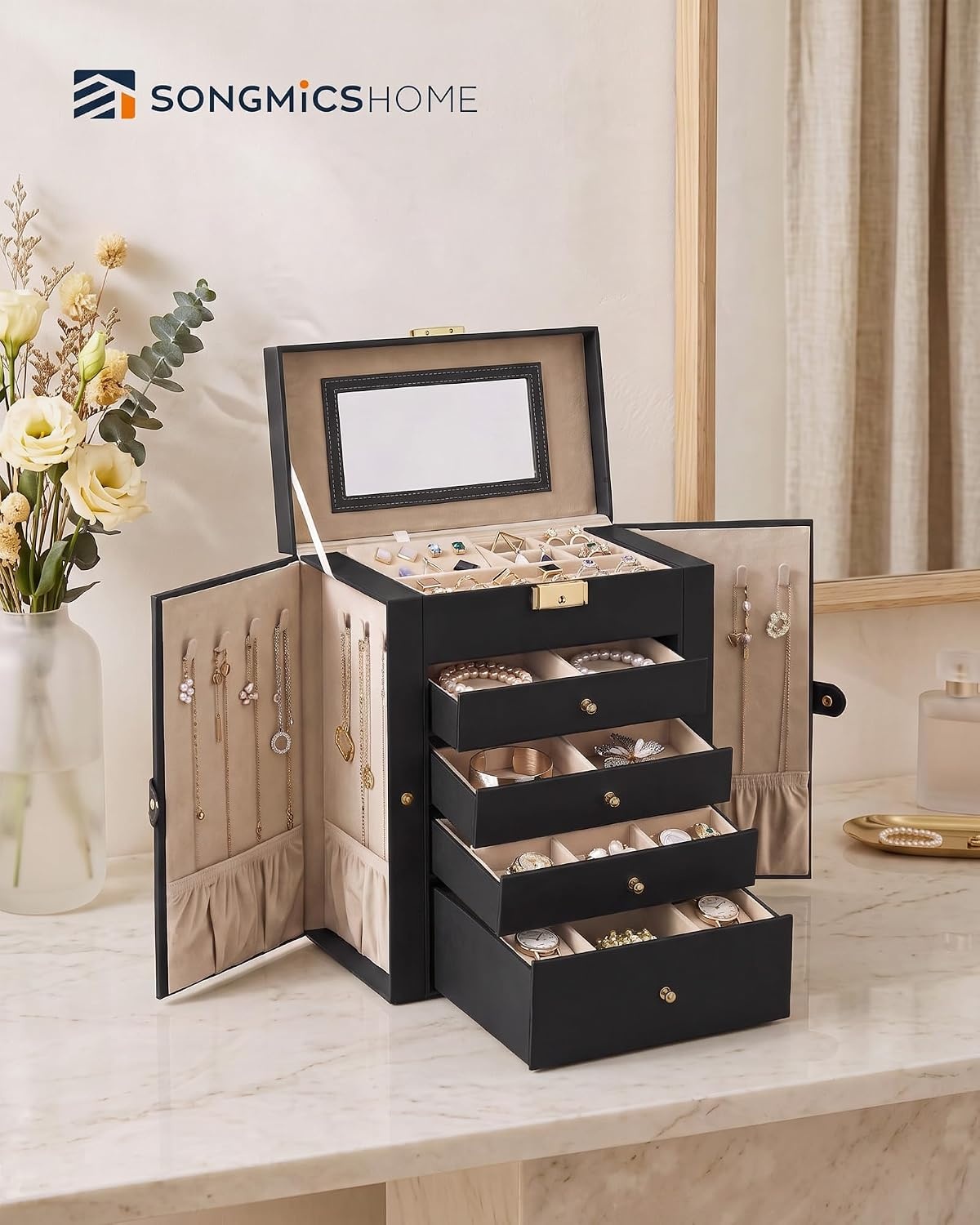 image:imageSONGMICS HOME Jewelry Box 5Tier Large Organizer PU Leather WhiteInk Black