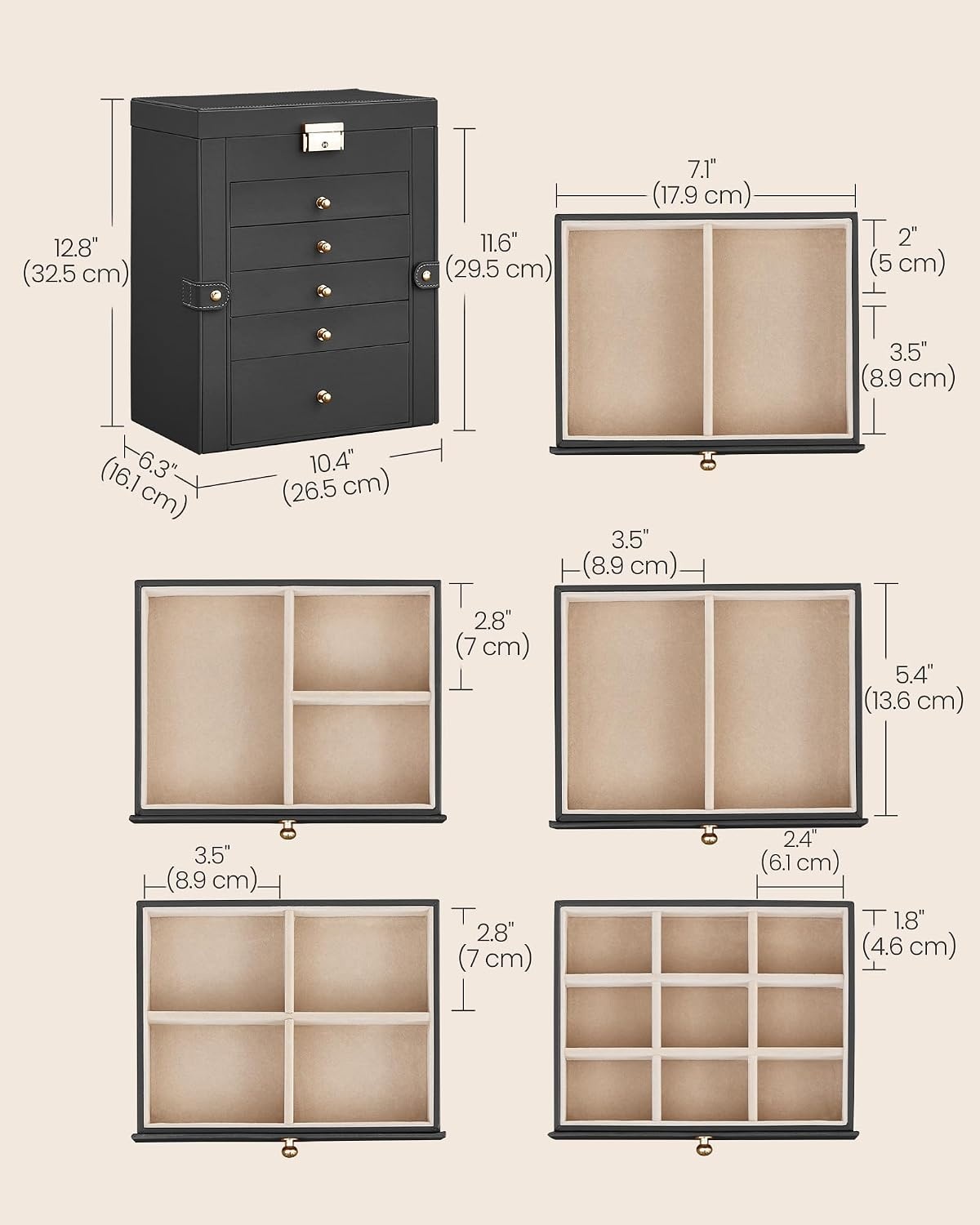 image:imageSONGMICS HOME Jewelry Box 5Tier Large Organizer PU Leather WhiteInk Black