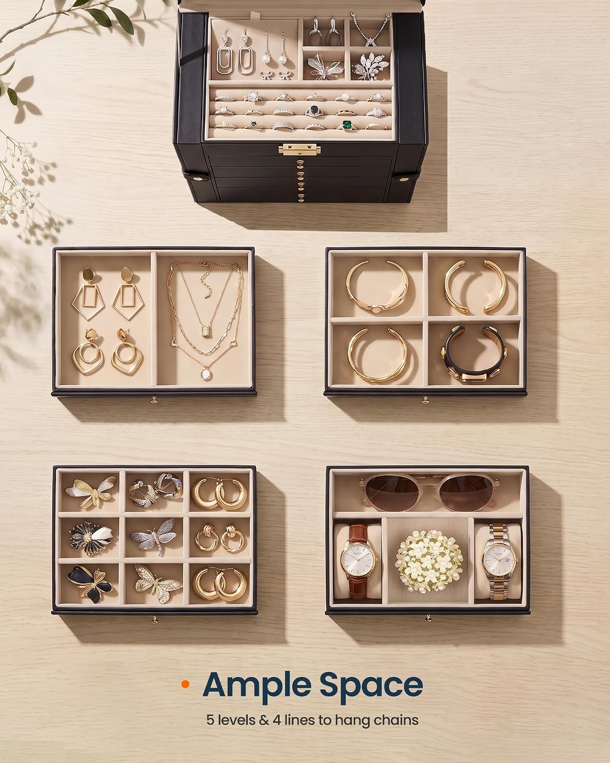 image:imageSONGMICS HOME Jewelry Box 5Tier Large Organizer PU Leather WhiteInk Black