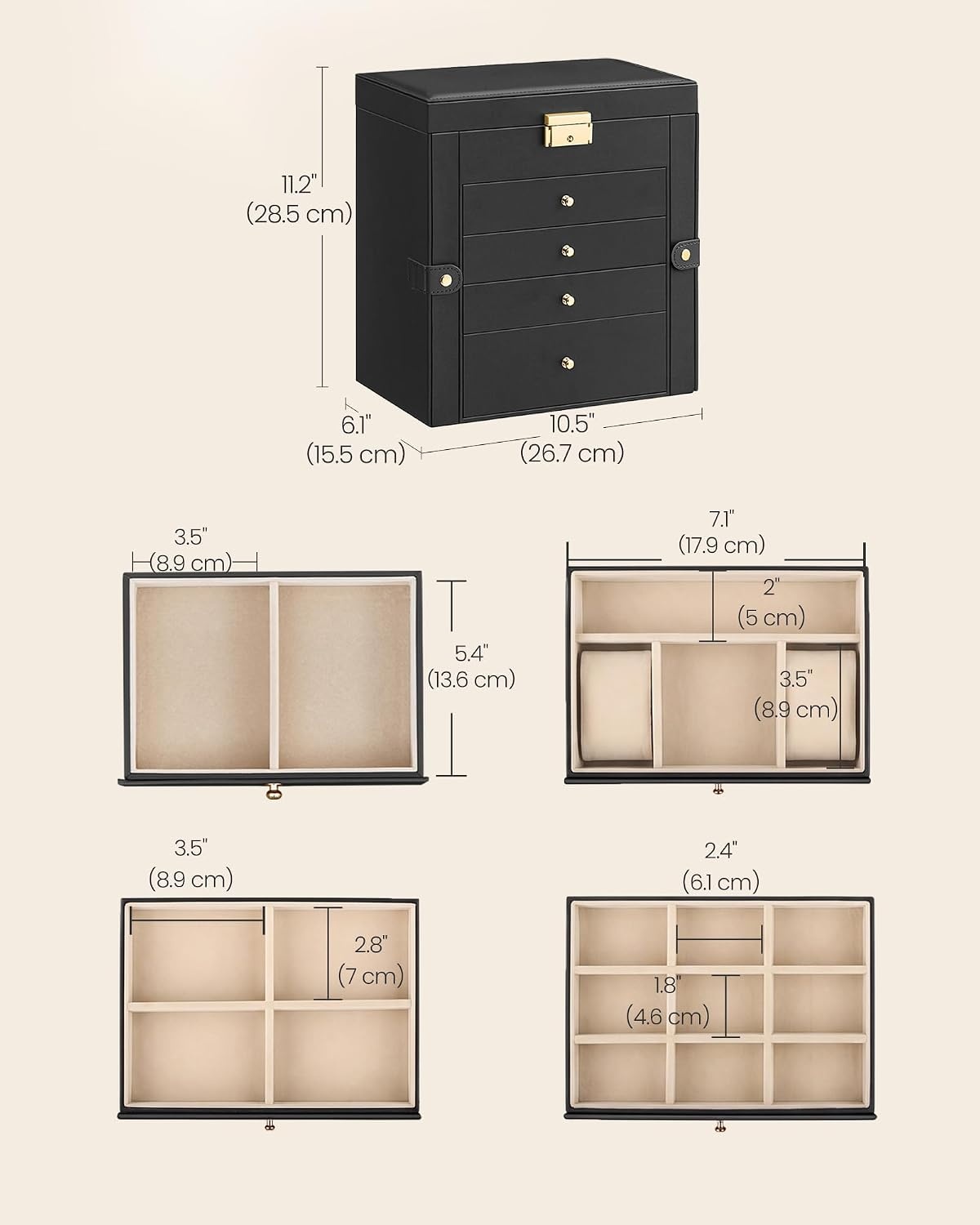 image:imageSONGMICS HOME Jewelry Box 5Tier Large Organizer PU Leather WhiteInk Black