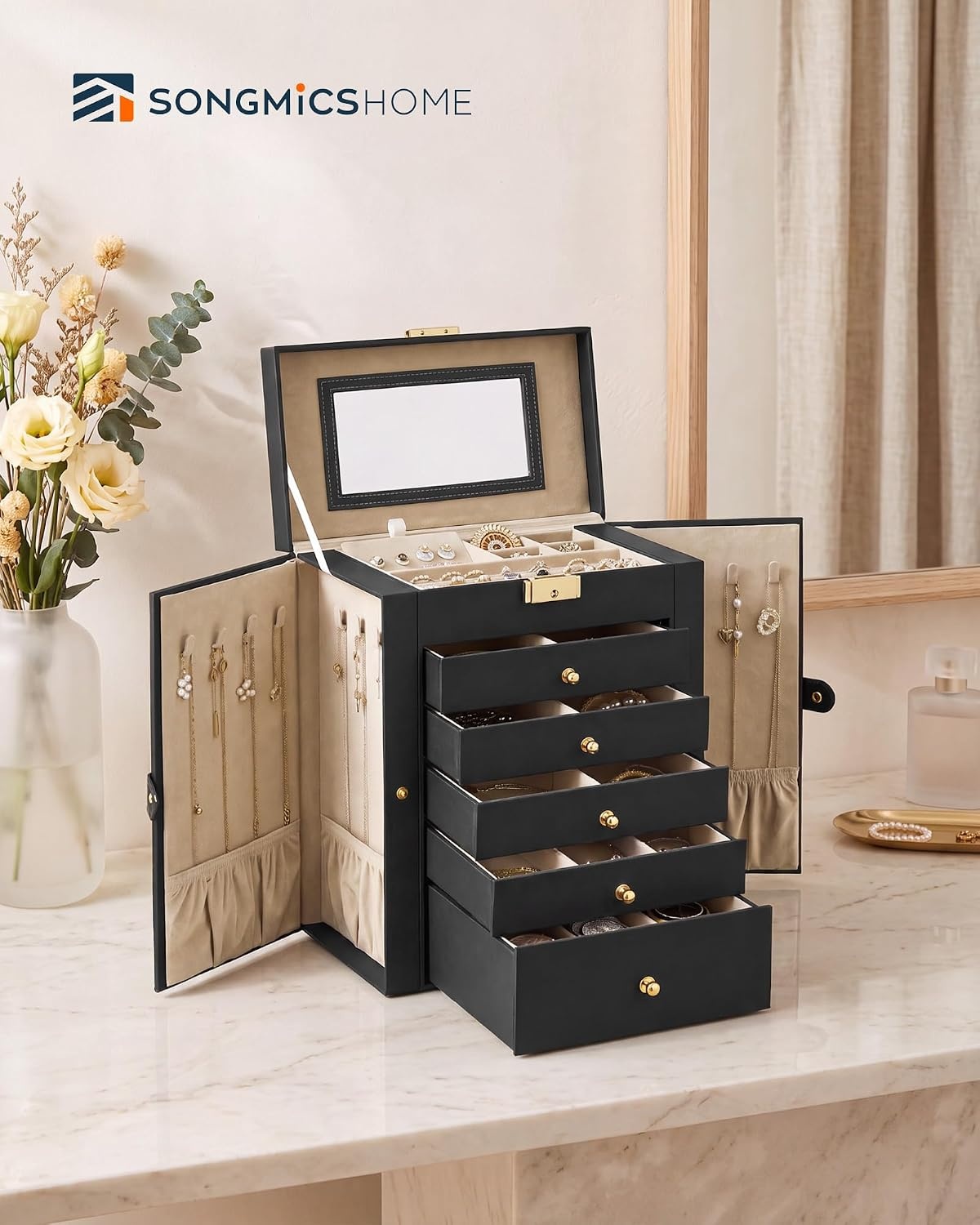 image:imageSONGMICS HOME Jewelry Box 5Tier Large Organizer PU Leather WhiteInk Black