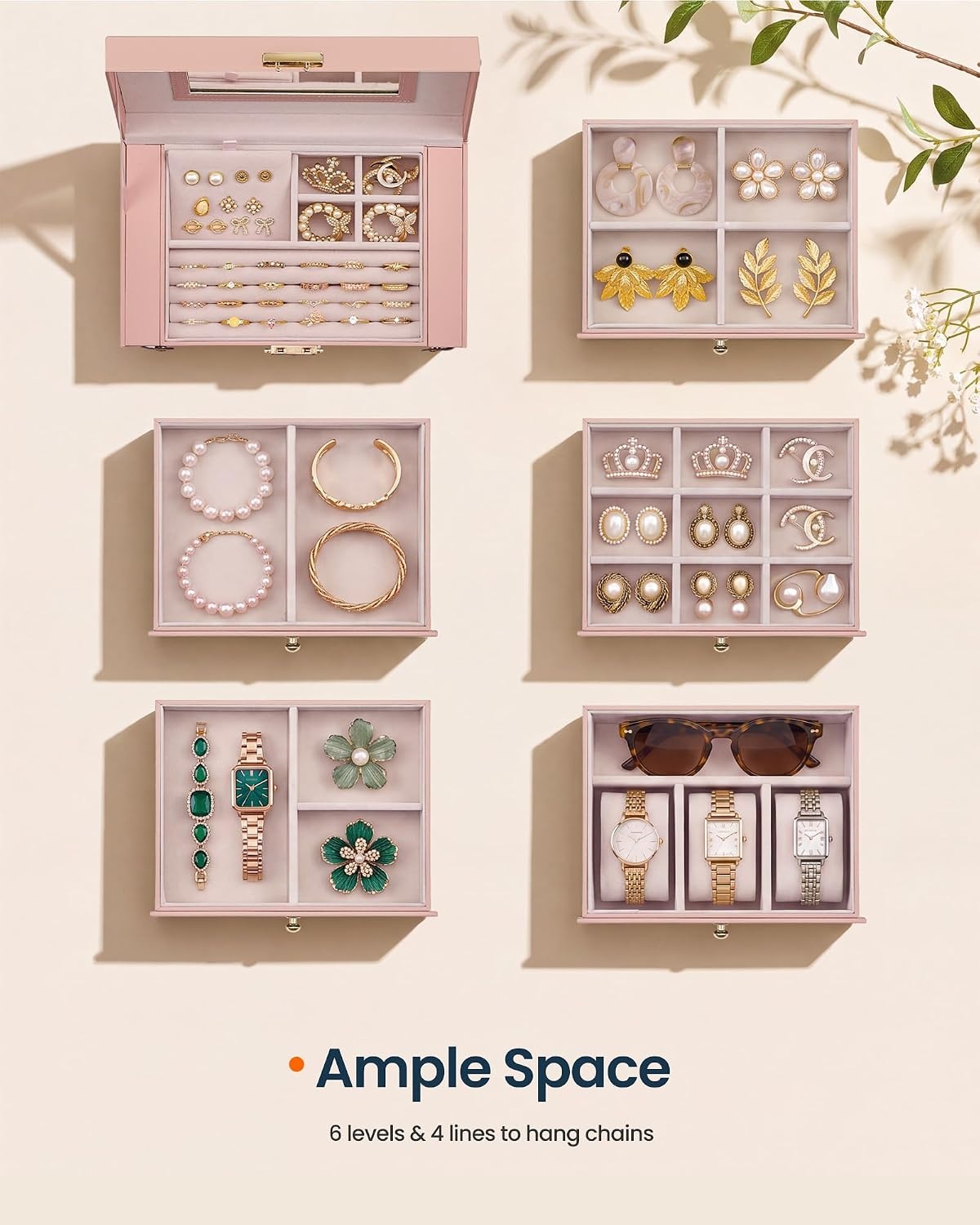 image:imageSONGMICS HOME Jewelry Box 5Tier Large Organizer PU Leather WhiteJelly Pink