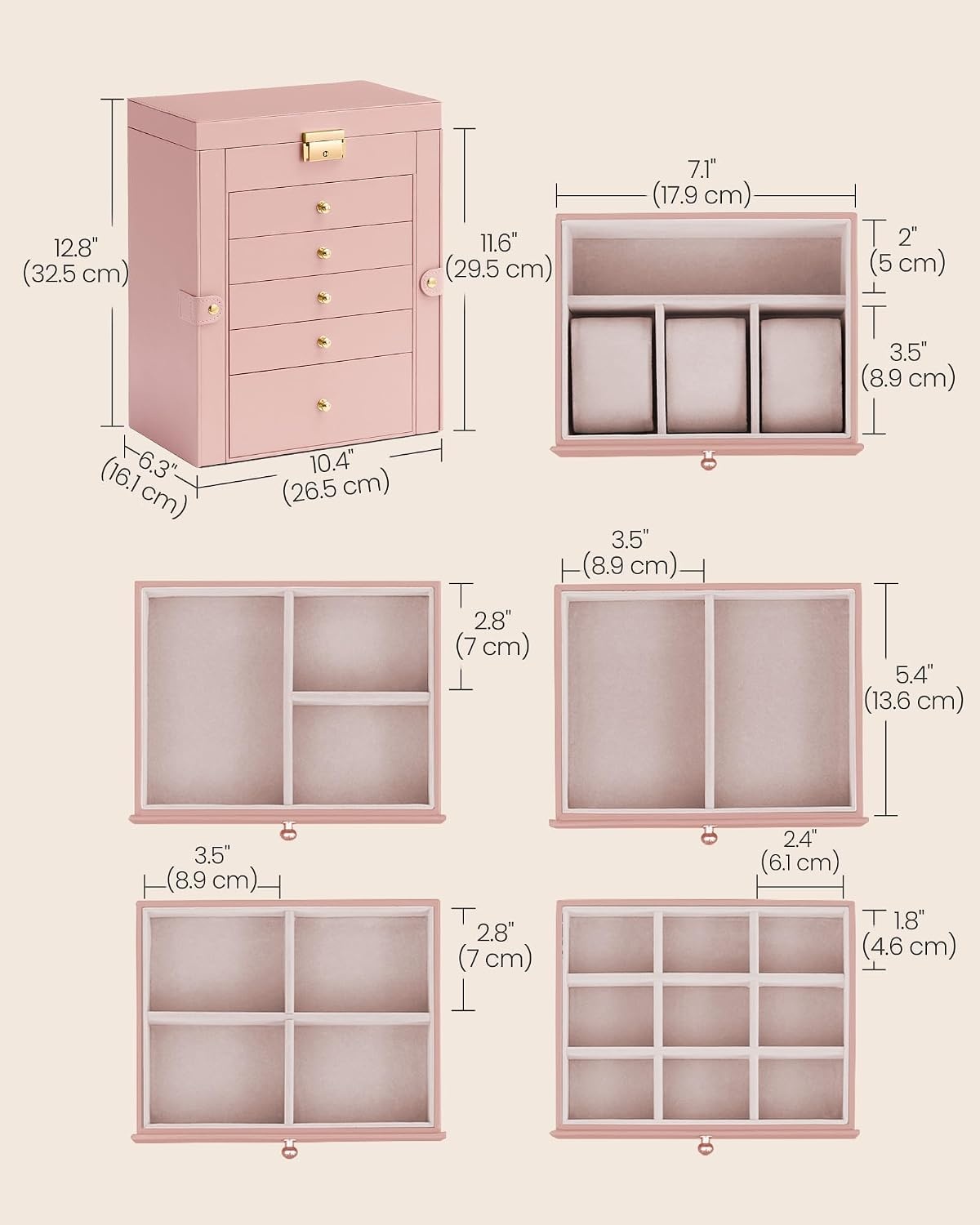 image:imageSONGMICS HOME Jewelry Box 5Tier Large Organizer PU Leather WhiteJelly Pink