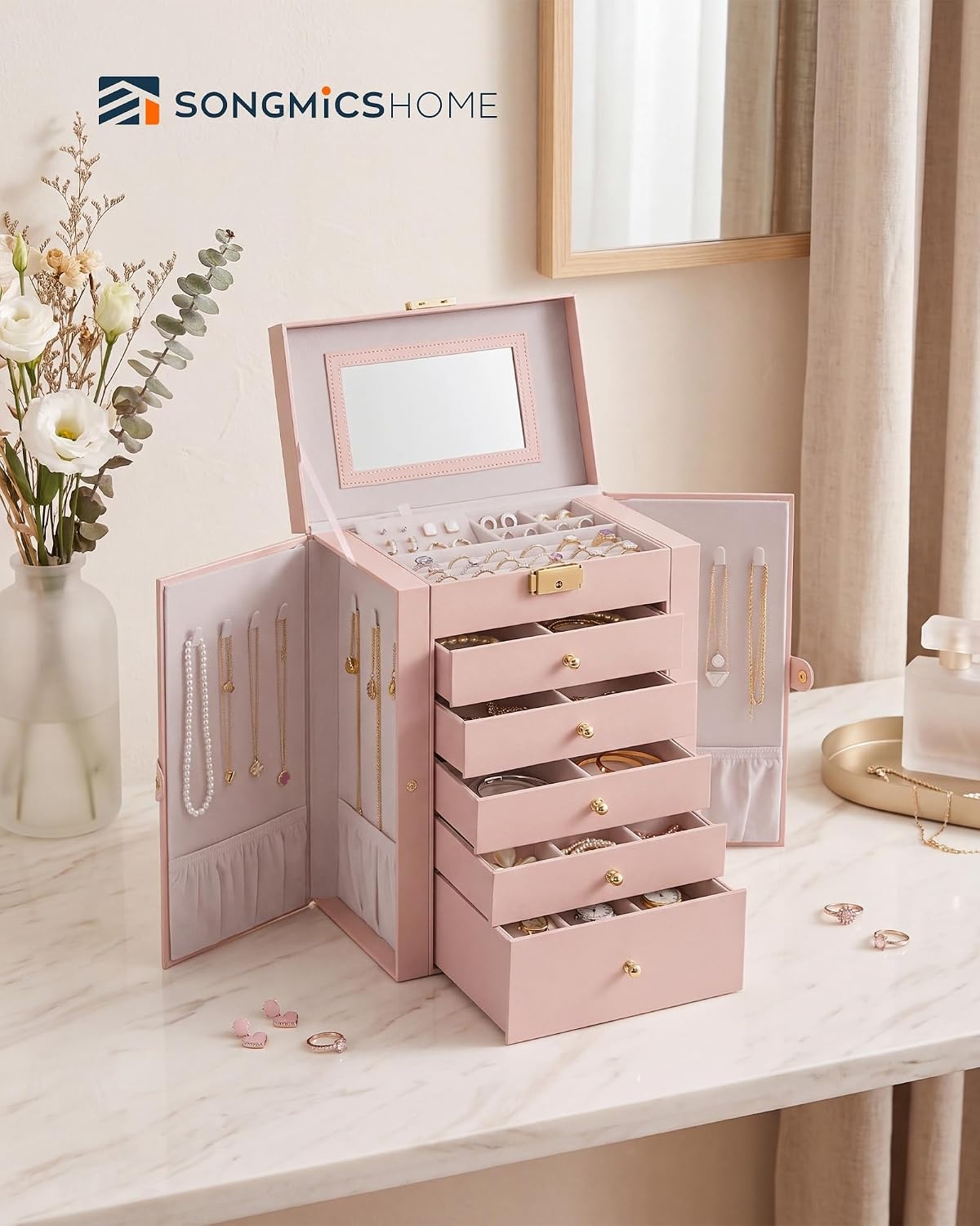 image:imageSONGMICS HOME Jewelry Box 5Tier Large Organizer PU Leather WhiteJelly Pink