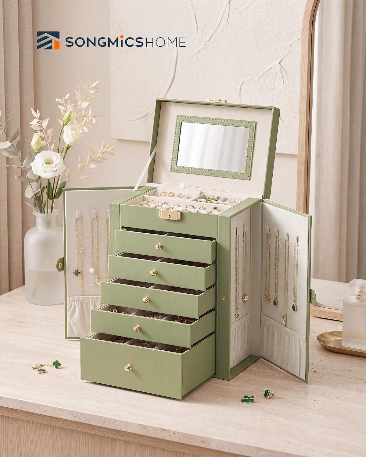 image:imageSONGMICS HOME Jewelry Box 5Tier Large Organizer PU Leather WhiteSage Green