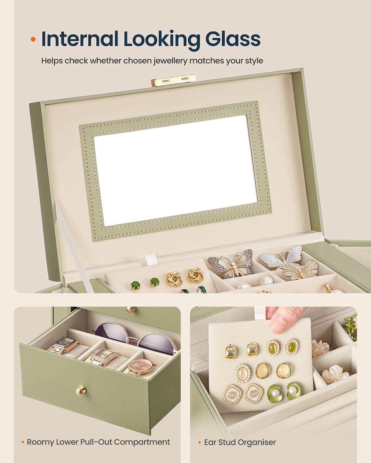 image:imageSONGMICS HOME Jewelry Box 5Tier Large Organizer PU Leather WhiteSage Green