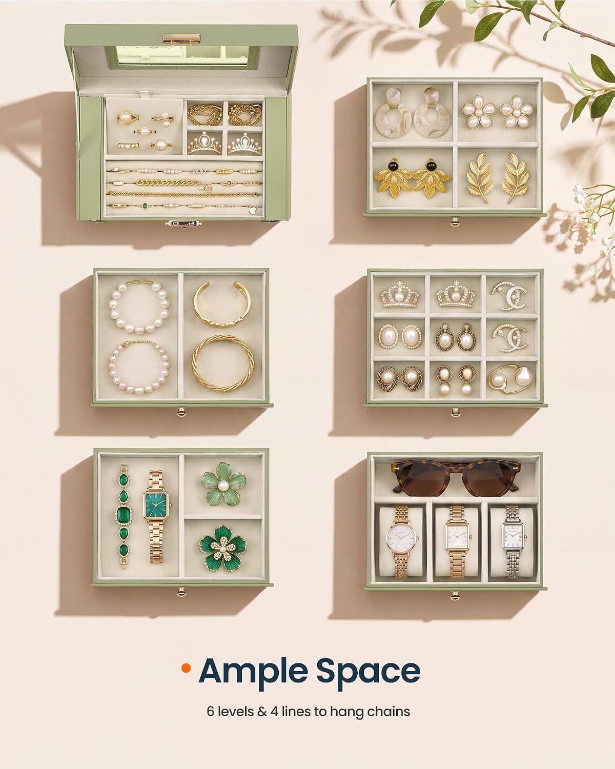 image:imageSONGMICS HOME Jewelry Box 5Tier Large Organizer PU Leather WhiteSage Green