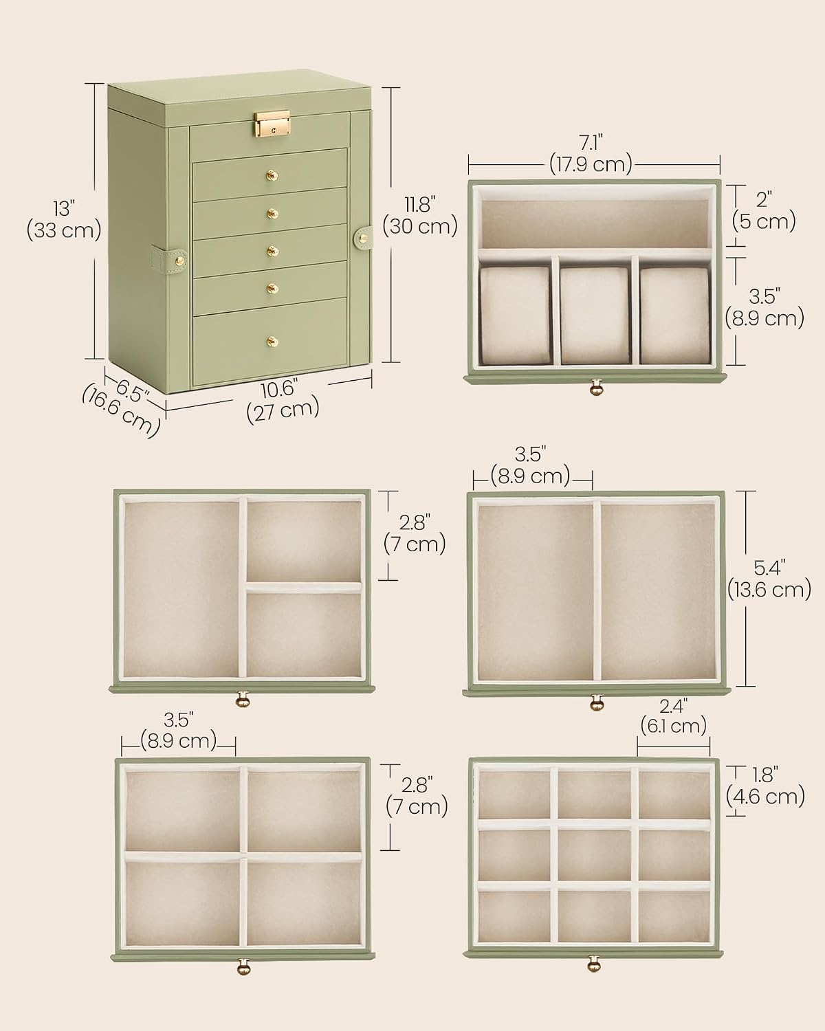 image:imageSONGMICS HOME Jewelry Box 5Tier Large Organizer PU Leather WhiteSage Green