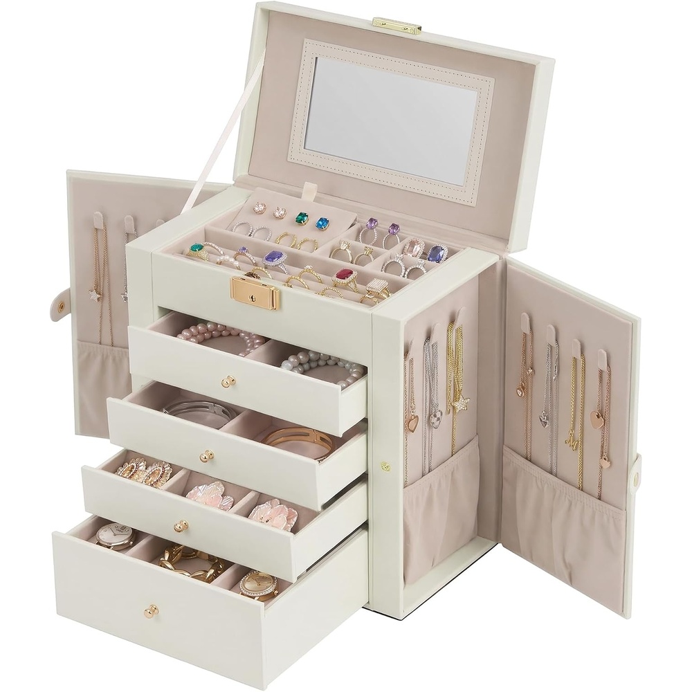 image:imageSONGMICS HOME Jewelry Box 5Tier Large Organizer PU Leather WhiteCream White