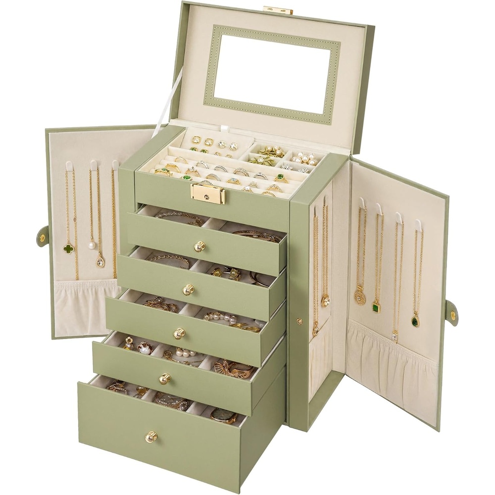 image:imageSONGMICS HOME Jewelry Box 5Tier Large Organizer PU Leather WhiteSage Green