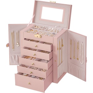 SONGMICS HOME Jewelry Box, 5-Tier Large Organizer, PU Leather, White(Jelly Pink)