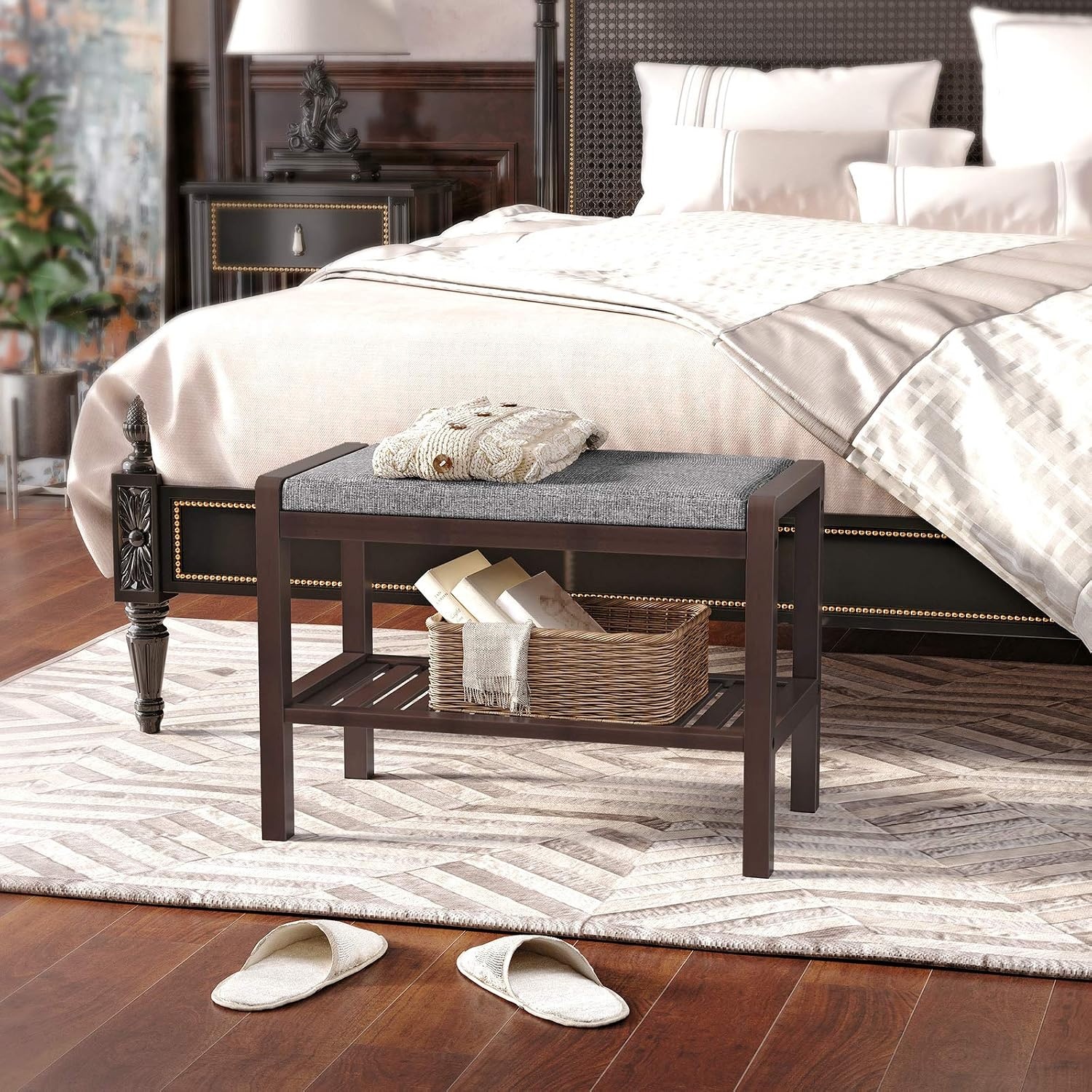 image:imageSONGMICS Bamboo Shoe Bench with Seat 113 x 352 x 205 InchesGray Brown