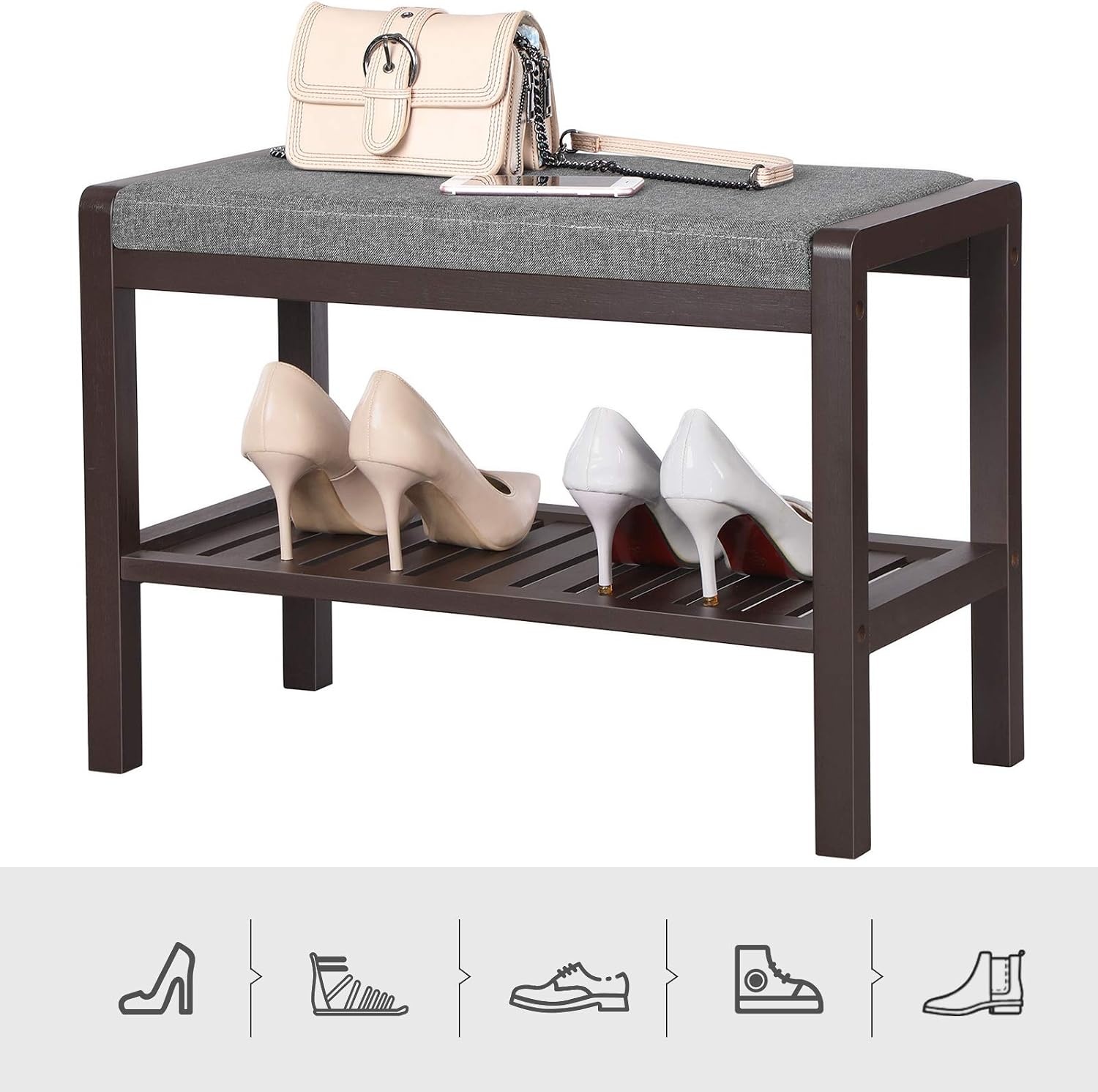 image:imageSONGMICS Bamboo Shoe Bench with Seat 113 x 352 x 205 InchesGray Brown