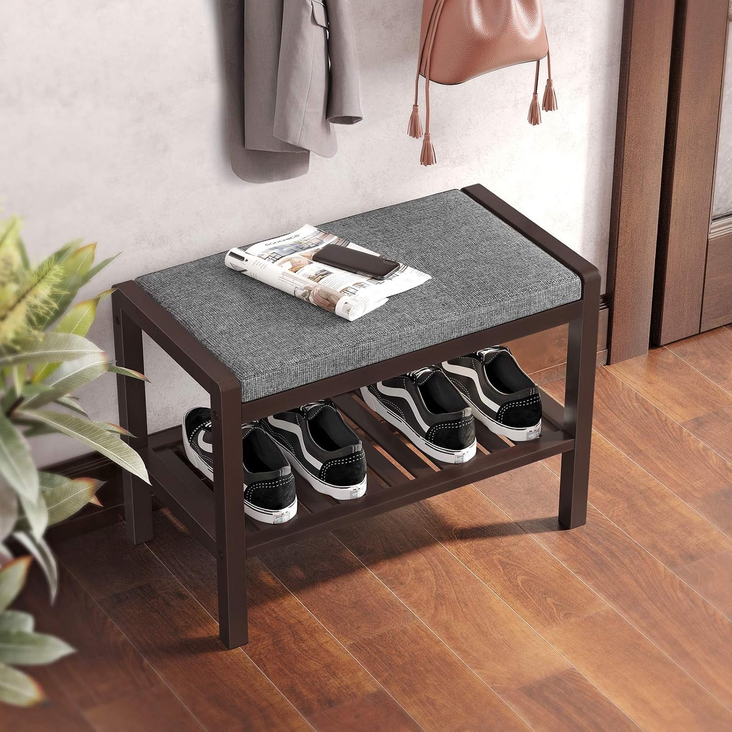 image:imageSONGMICS Bamboo Shoe Bench with Seat 113 x 352 x 205 InchesGray Brown