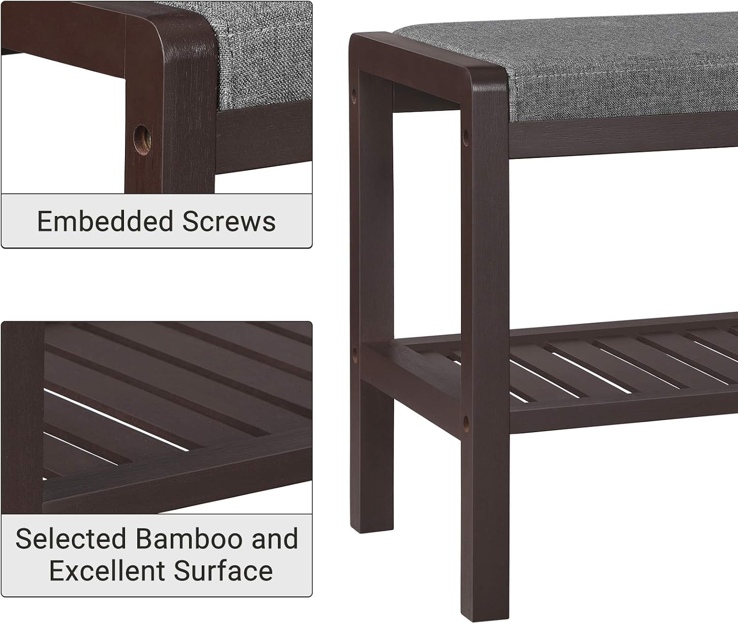 image:imageSONGMICS Bamboo Shoe Bench with Seat 113 x 352 x 205 InchesGray Brown