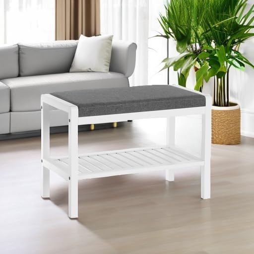 image:imageSONGMICS Bamboo Shoe Bench with Seat 113 x 352 x 205 InchesGray White