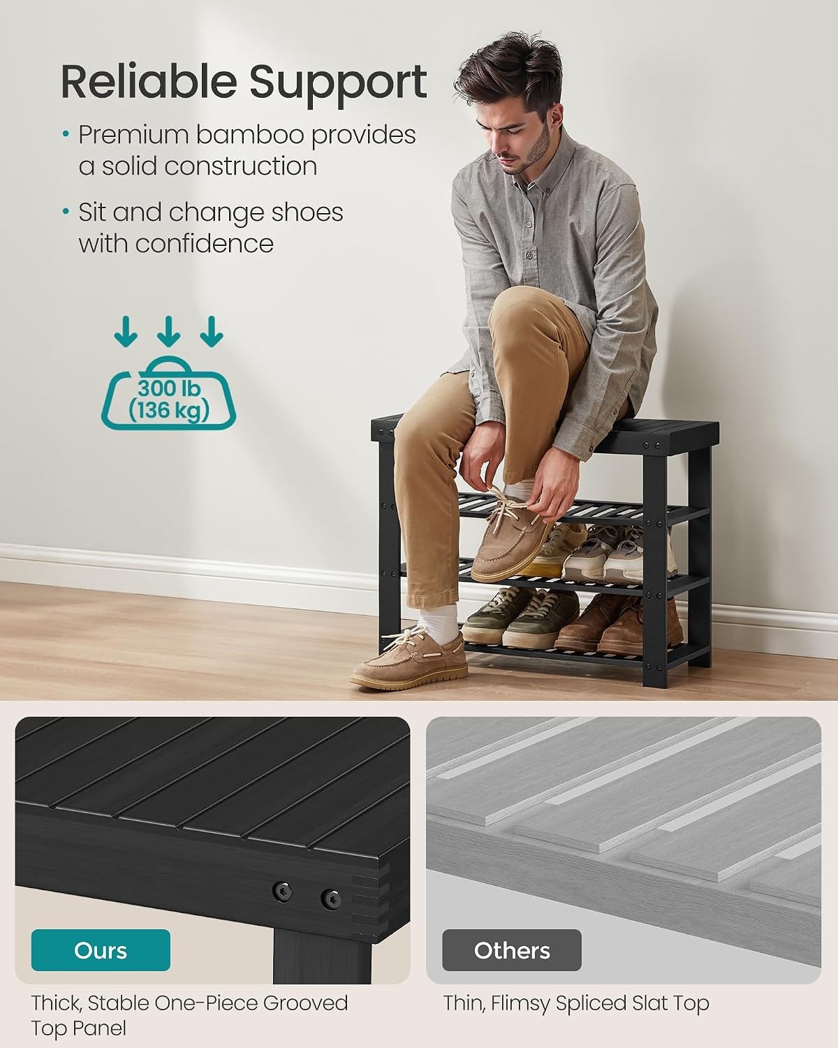image:imageSONGMICS Bamboo Shoe Bench with Seat 113 x 352 x 205 InchesInk Black