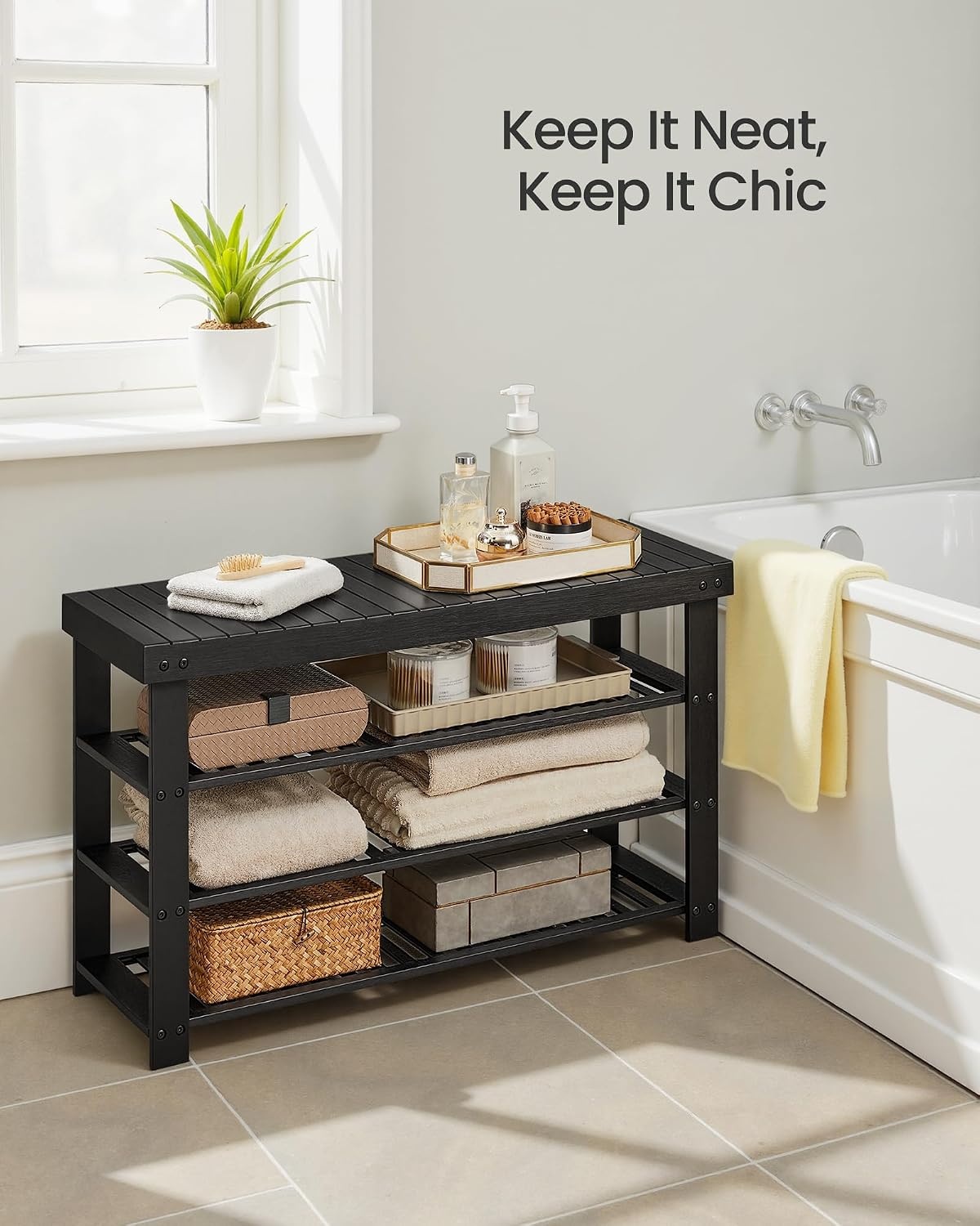 image:imageSONGMICS Bamboo Shoe Bench with Seat 113 x 352 x 205 InchesInk Black