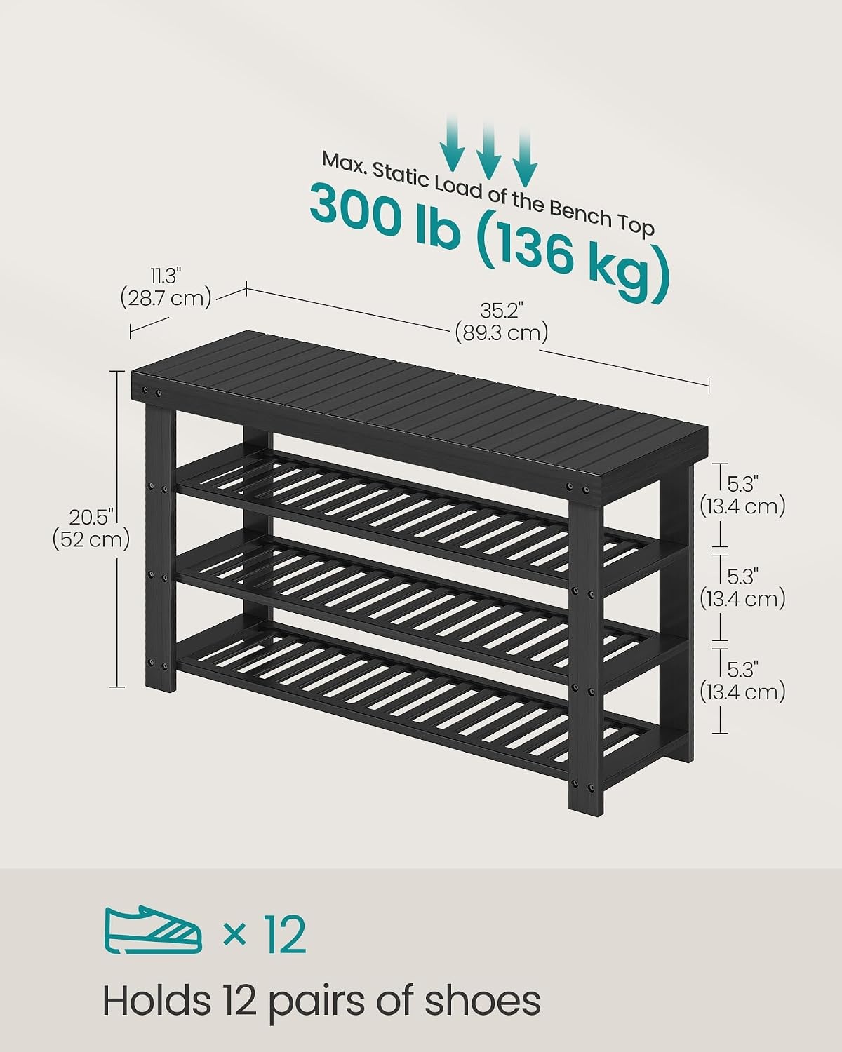 image:imageSONGMICS Bamboo Shoe Bench with Seat 113 x 352 x 205 InchesInk Black
