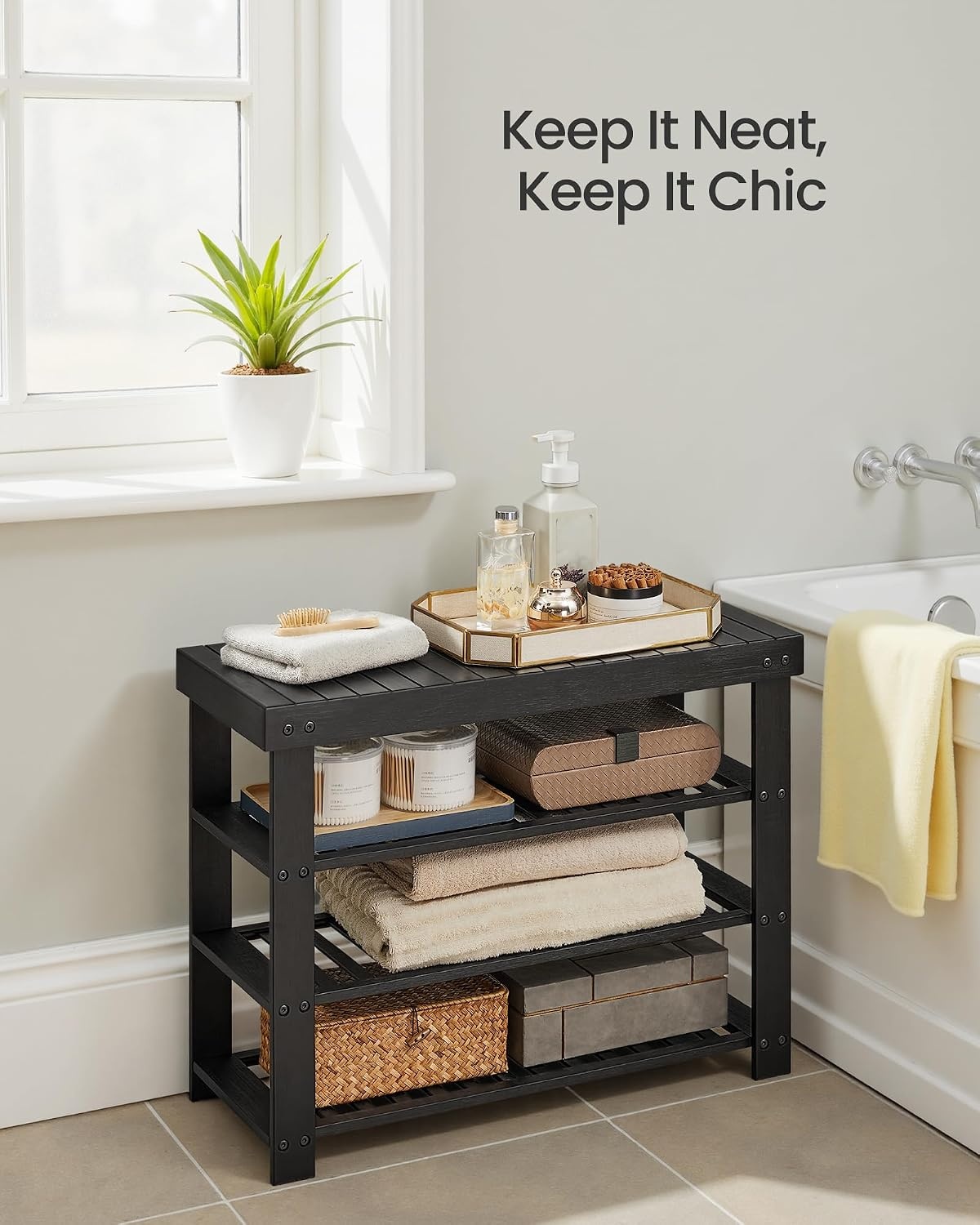 image:imageSONGMICS Bamboo Shoe Bench with Seat 113 x 352 x 205 InchesInk Black
