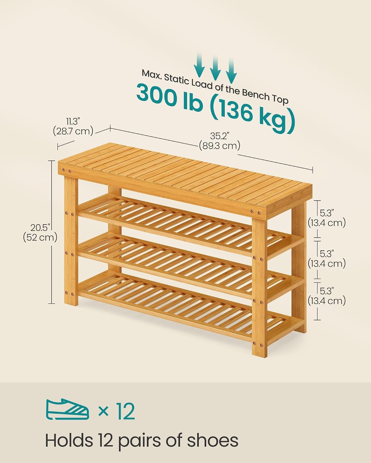 image:imageSONGMICS Bamboo Shoe Bench with Seat 113 x 352 x 205 InchesLight Bamboo