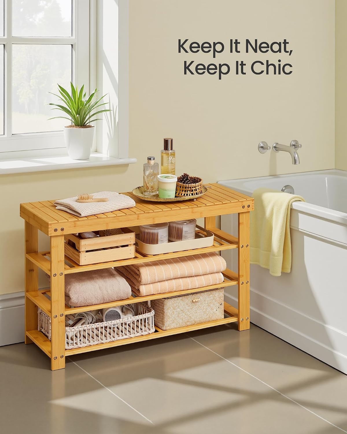 image:imageSONGMICS Bamboo Shoe Bench with Seat 113 x 352 x 205 InchesLight Bamboo