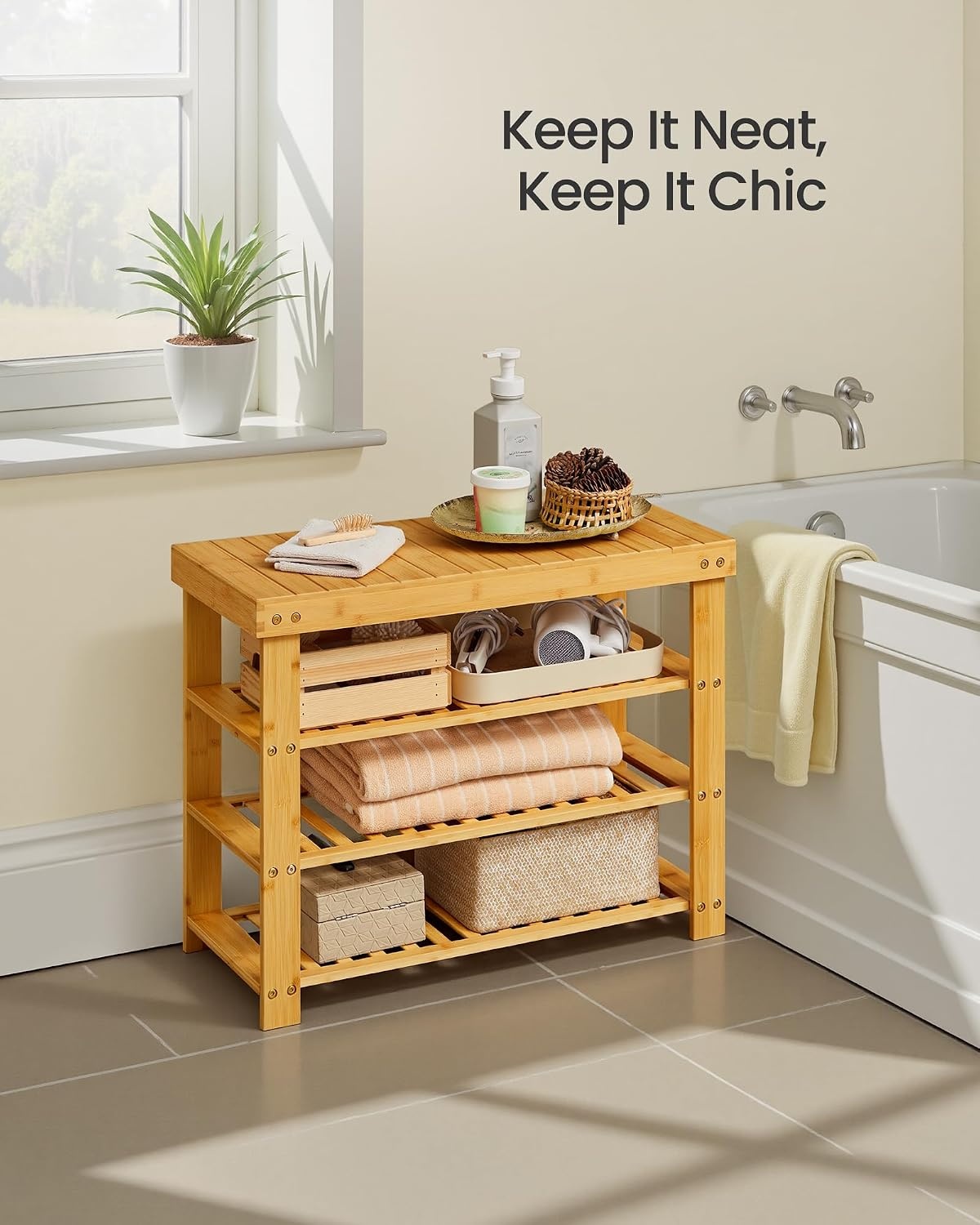 image:imageSONGMICS Bamboo Shoe Bench with Seat 113 x 352 x 205 InchesLight Bamboo