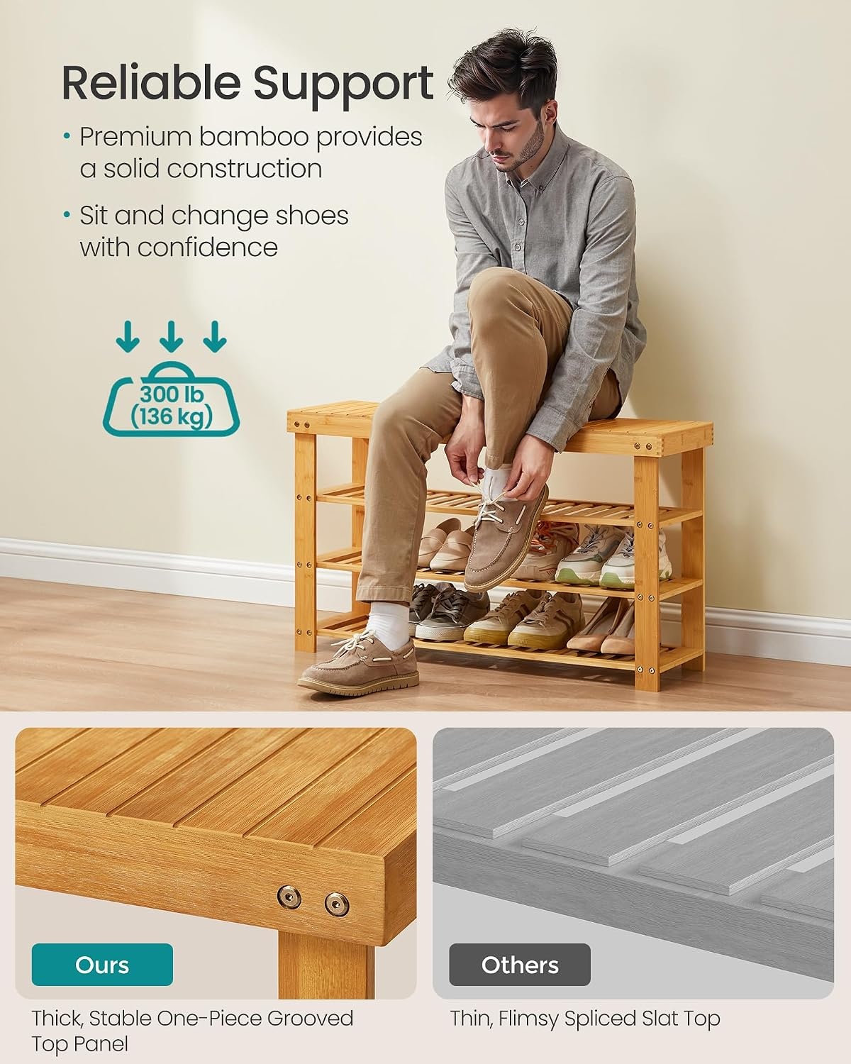 image:imageSONGMICS Bamboo Shoe Bench with Seat 113 x 352 x 205 InchesLight Bamboo