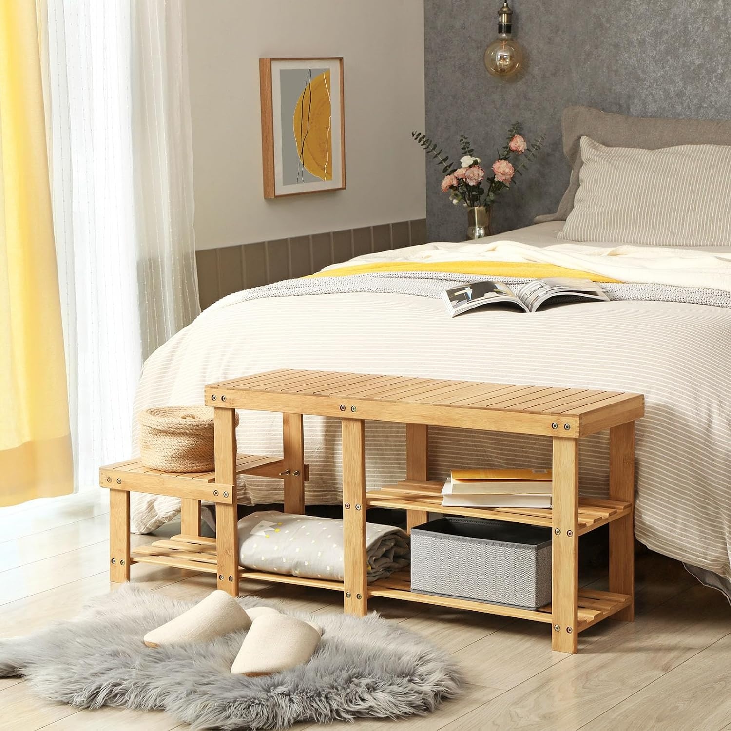 image:imageSONGMICS Bamboo Shoe Bench with Seat 113 x 352 x 205 InchesLight Bamboo
