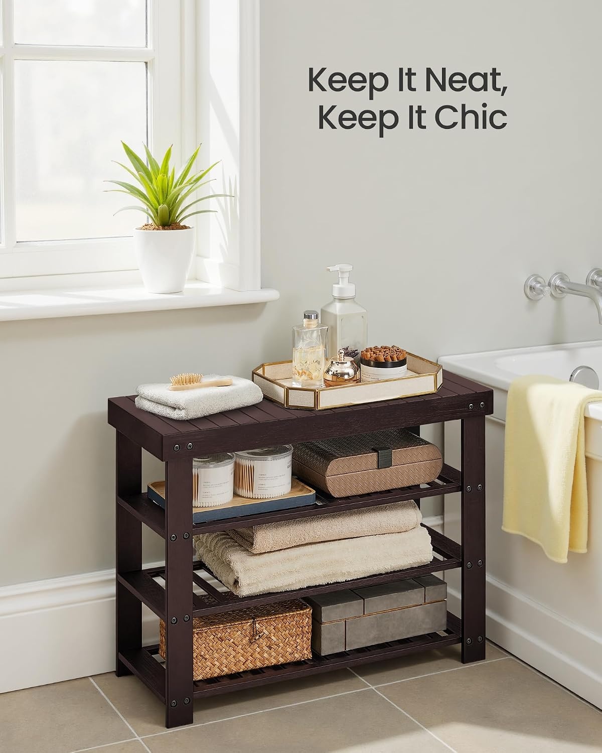image:imageSONGMICS Bamboo Shoe Bench with Seat 113 x 352 x 205 InchesRustic Walnut