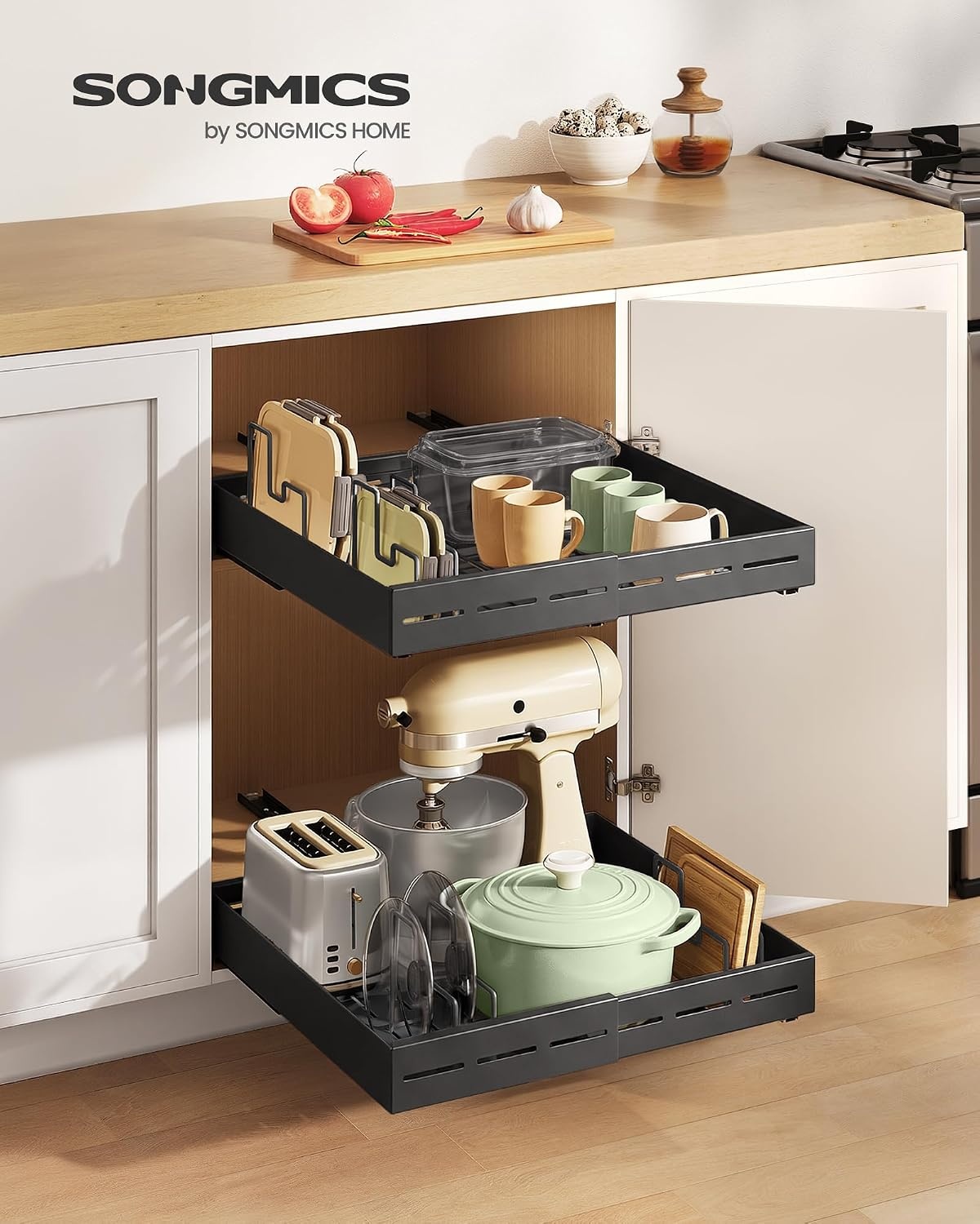 image:imageSONGMICS Expandable Pull Out Cabinet Organizer 21 Deep 3 Rail SlideInk Black