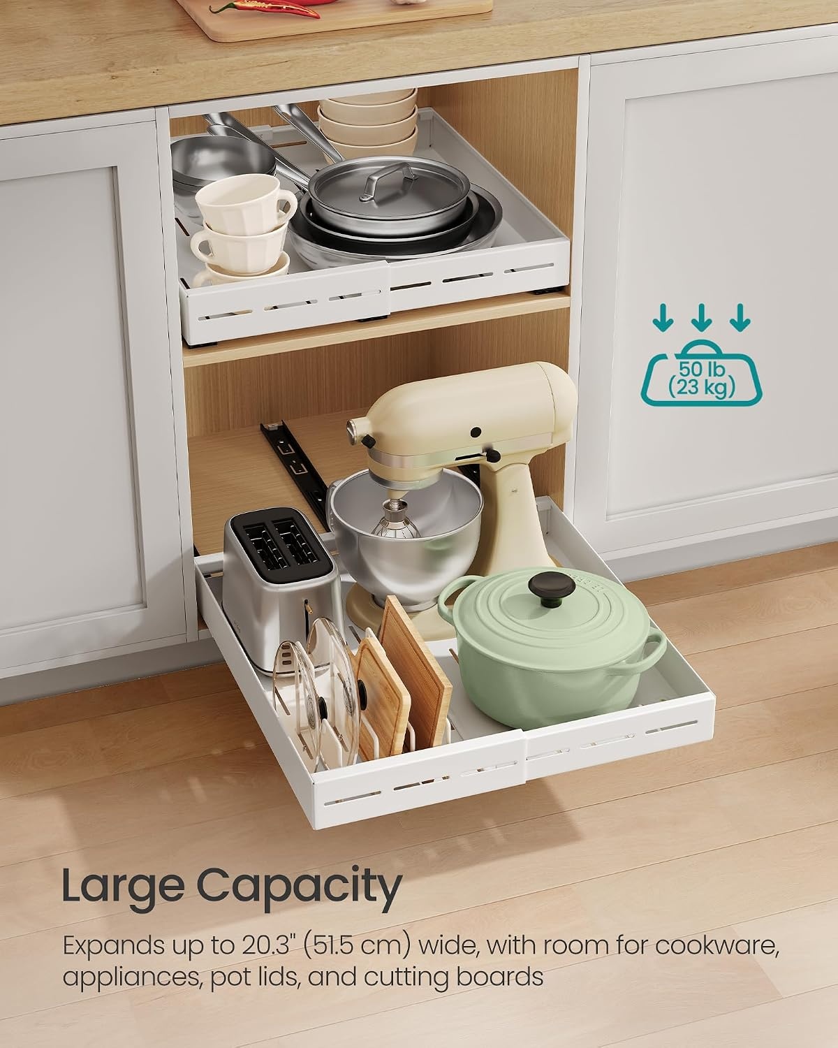 image:imageSONGMICS Expandable Pull Out Cabinet Organizer 21 Deep 3 Rail SlideMatte White