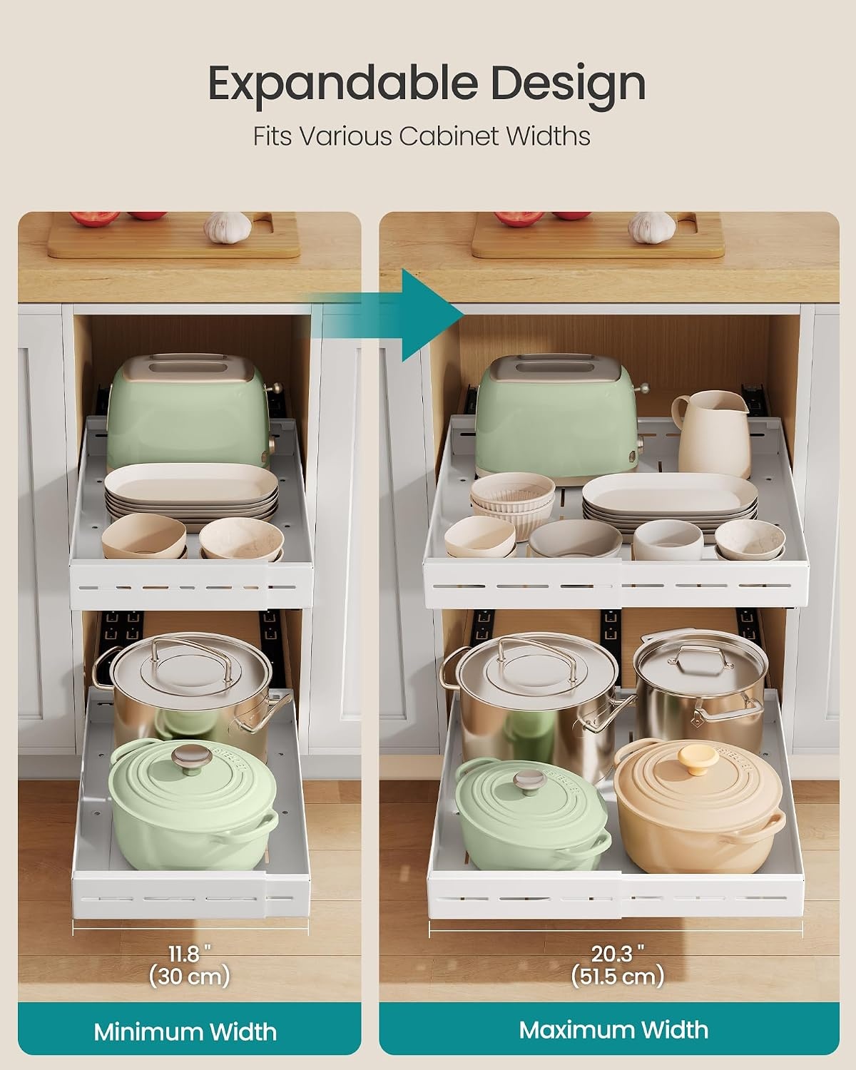 image:imageSONGMICS Expandable Pull Out Cabinet Organizer 21 Deep 3 Rail SlideMatte White