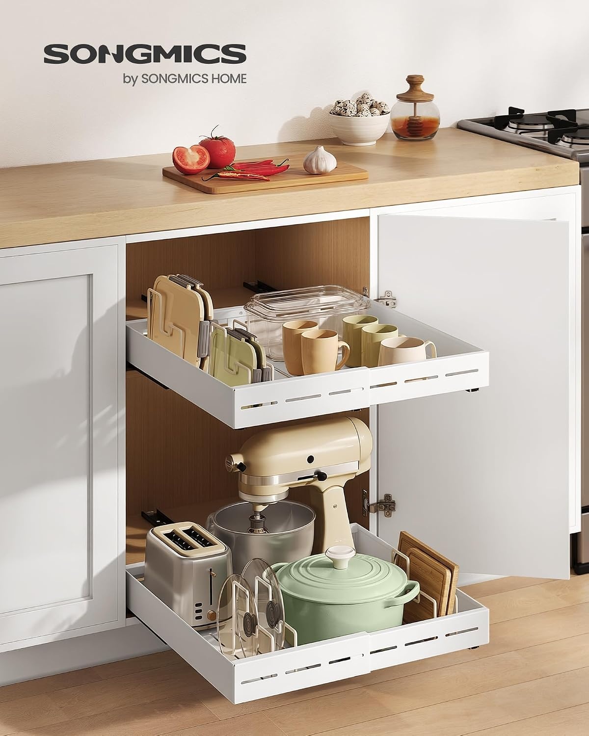 image:imageSONGMICS Expandable Pull Out Cabinet Organizer 21 Deep 3 Rail SlideMatte White