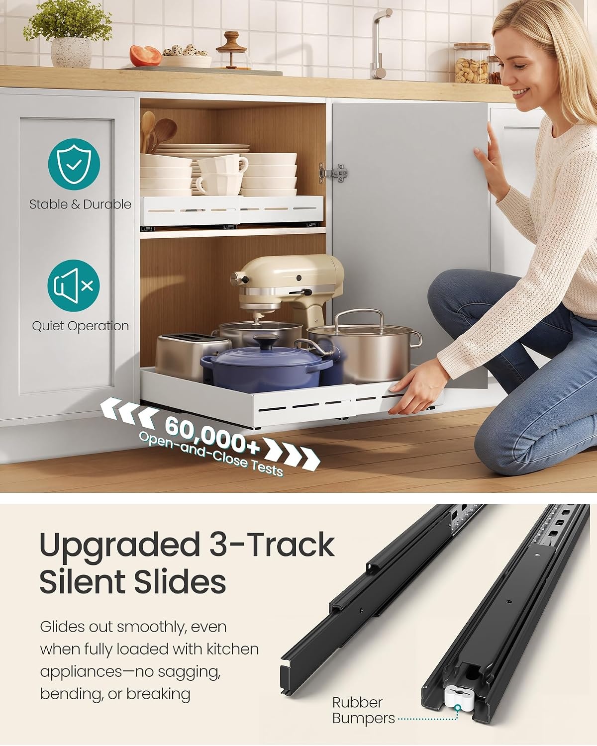 image:imageSONGMICS Expandable Pull Out Cabinet Organizer 21 Deep 3 Rail SlideMatte White