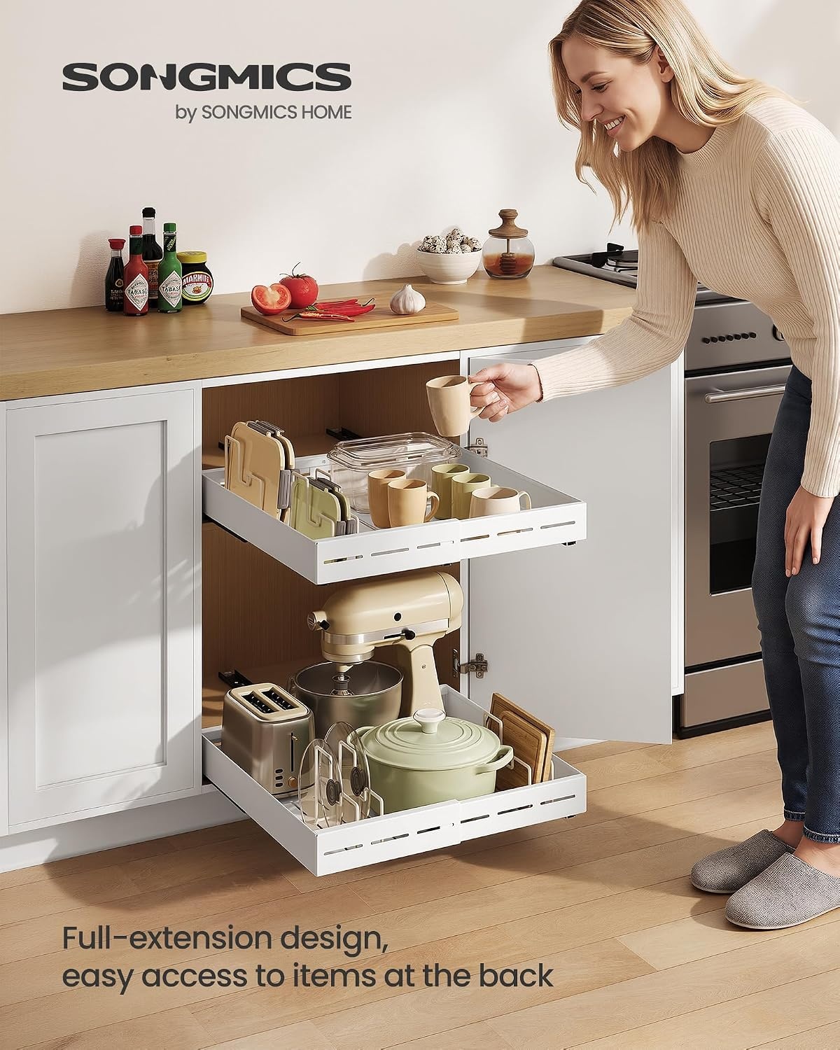 image:imageSONGMICS Expandable Pull Out Cabinet Organizer 21 Deep 3 Rail SlideMatte White