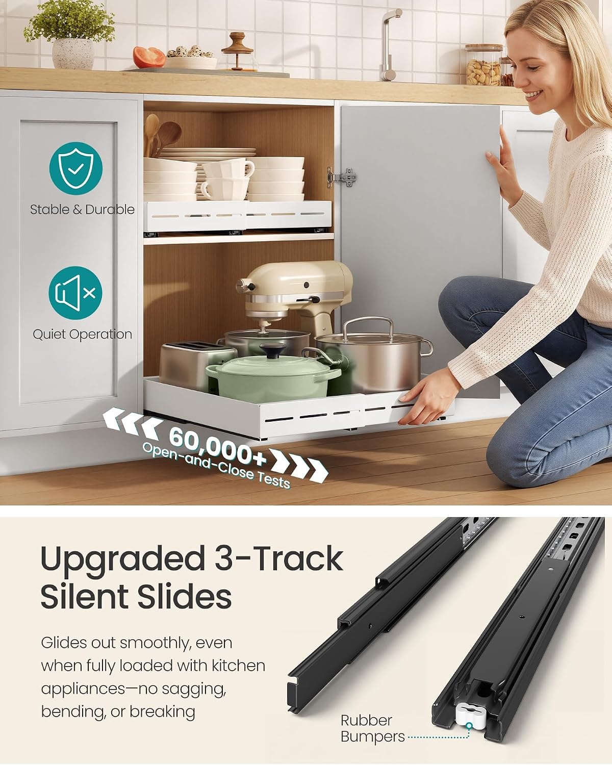 image:imageSONGMICS Expandable Pull Out Cabinet Organizer 21 Deep 3 Rail SlideMatte White