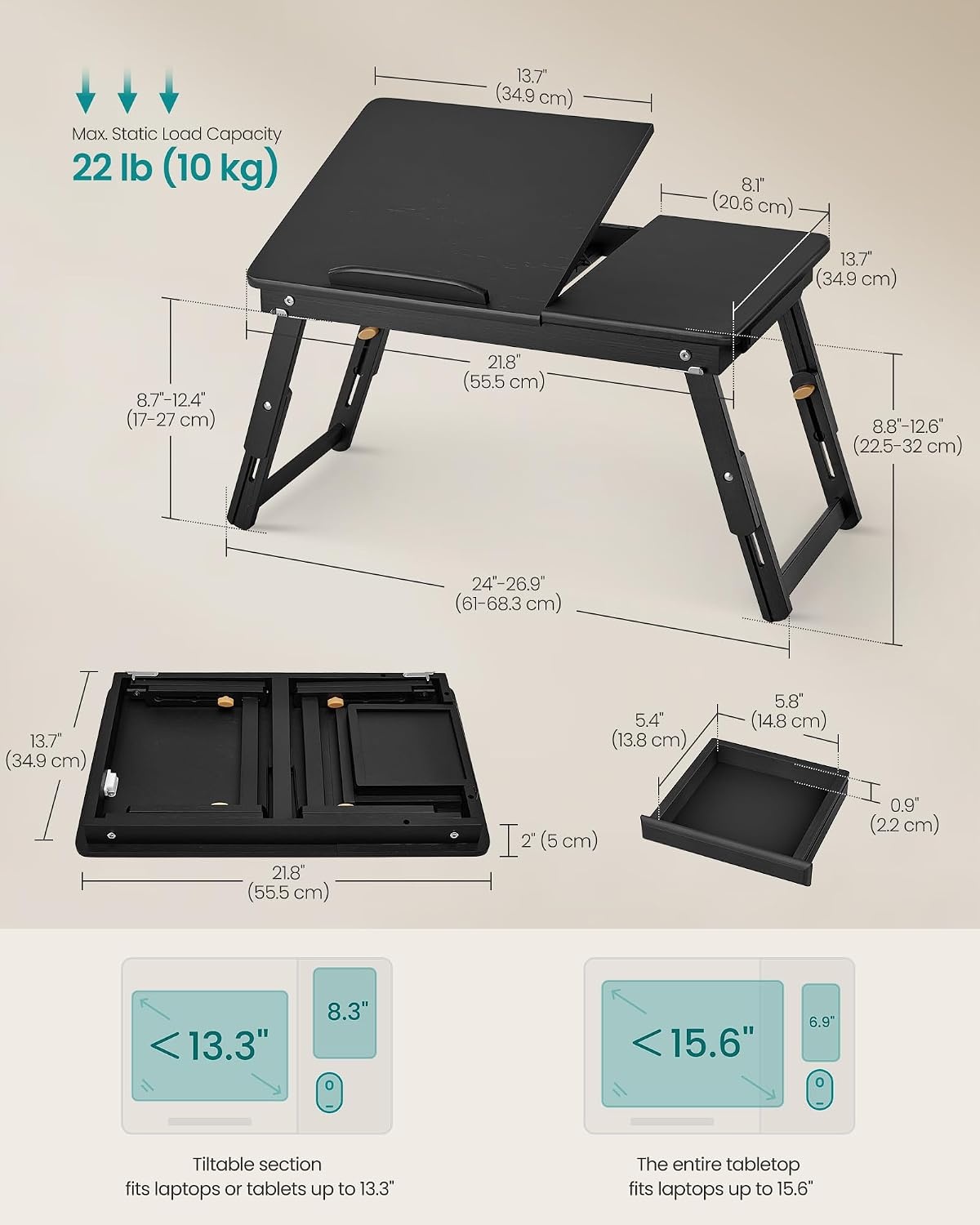 image:imageSONGMICS Foldable Lap Desk Portable Bed Desk Table Tray wCup Holder TrayBlack