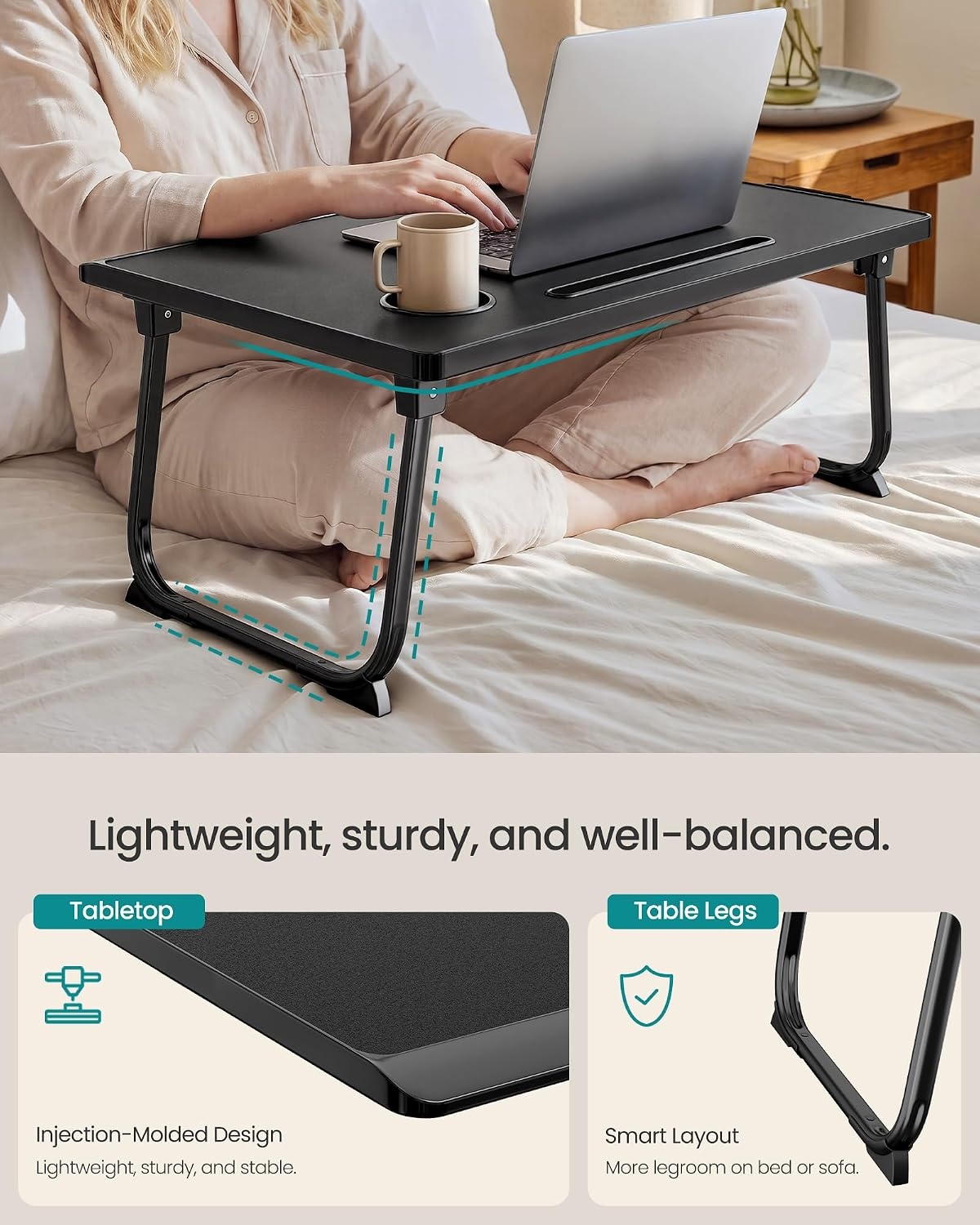image:imageSONGMICS Foldable Lap Desk Portable Bed Desk Table Tray wCup Holder TrayBlack