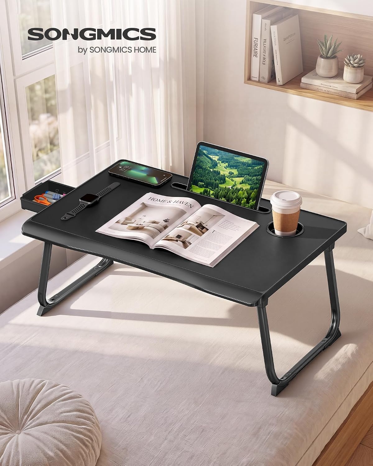 image:imageSONGMICS Foldable Lap Desk Portable Bed Desk Table Tray wCup Holder TrayBlack
